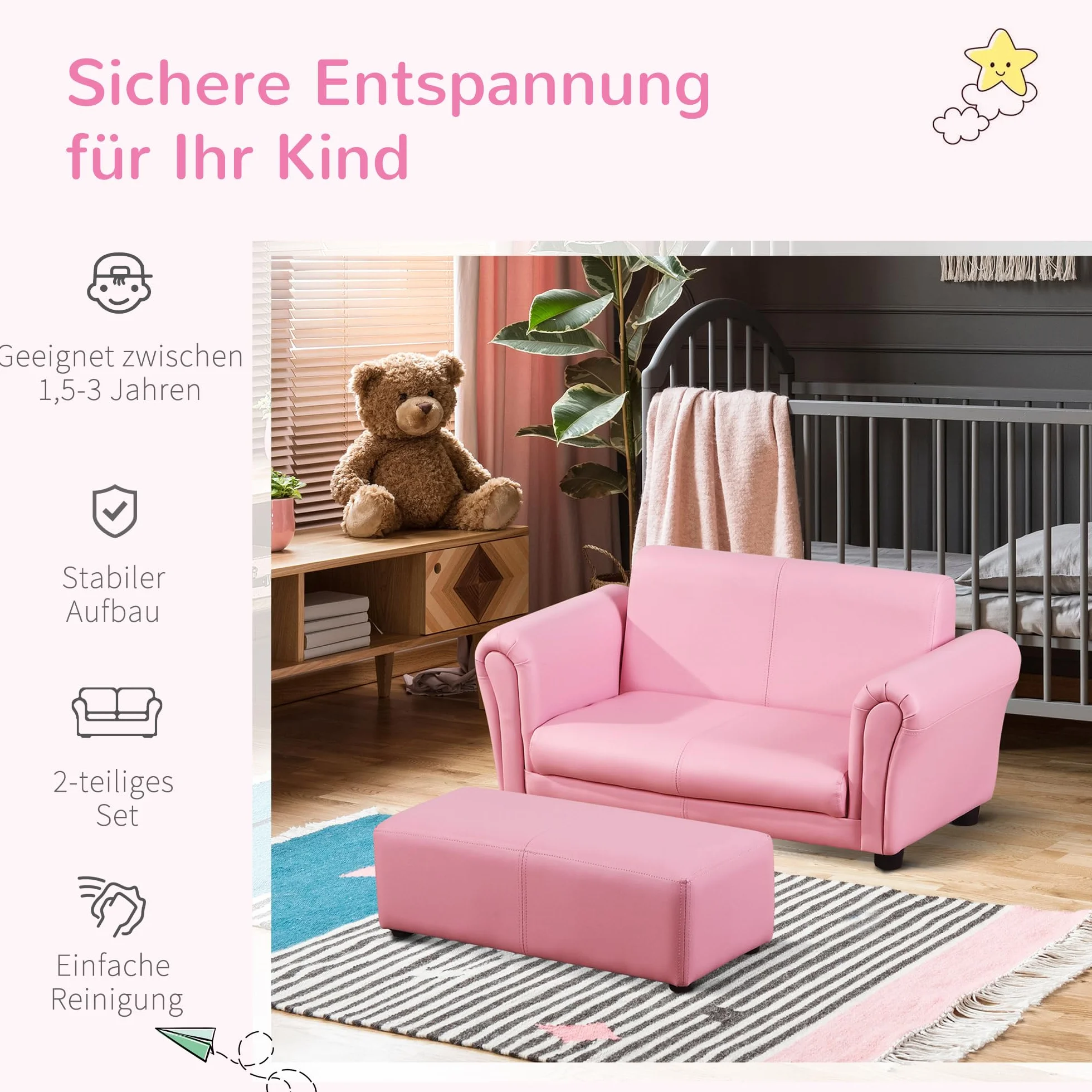 HOMCOM fotel dziecięcy z pufą różowy 83 x 42 x 41 cm