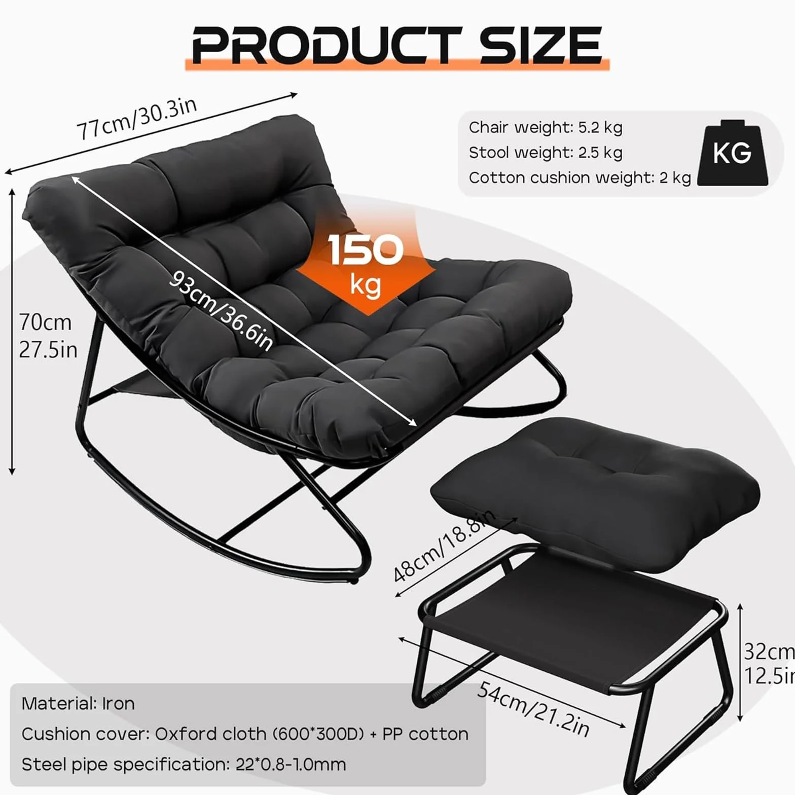 Fotel bujany z taboretem do salonu 150 kg szary 100x77x70 cm