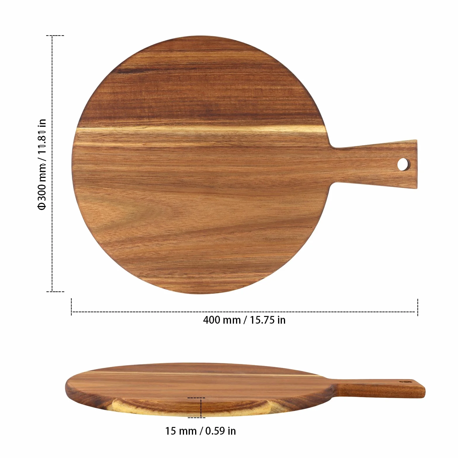 Drewniana deska do pizzy 30 cm z uchwytem, okrągła, brązowa, zestaw 2 sztuk