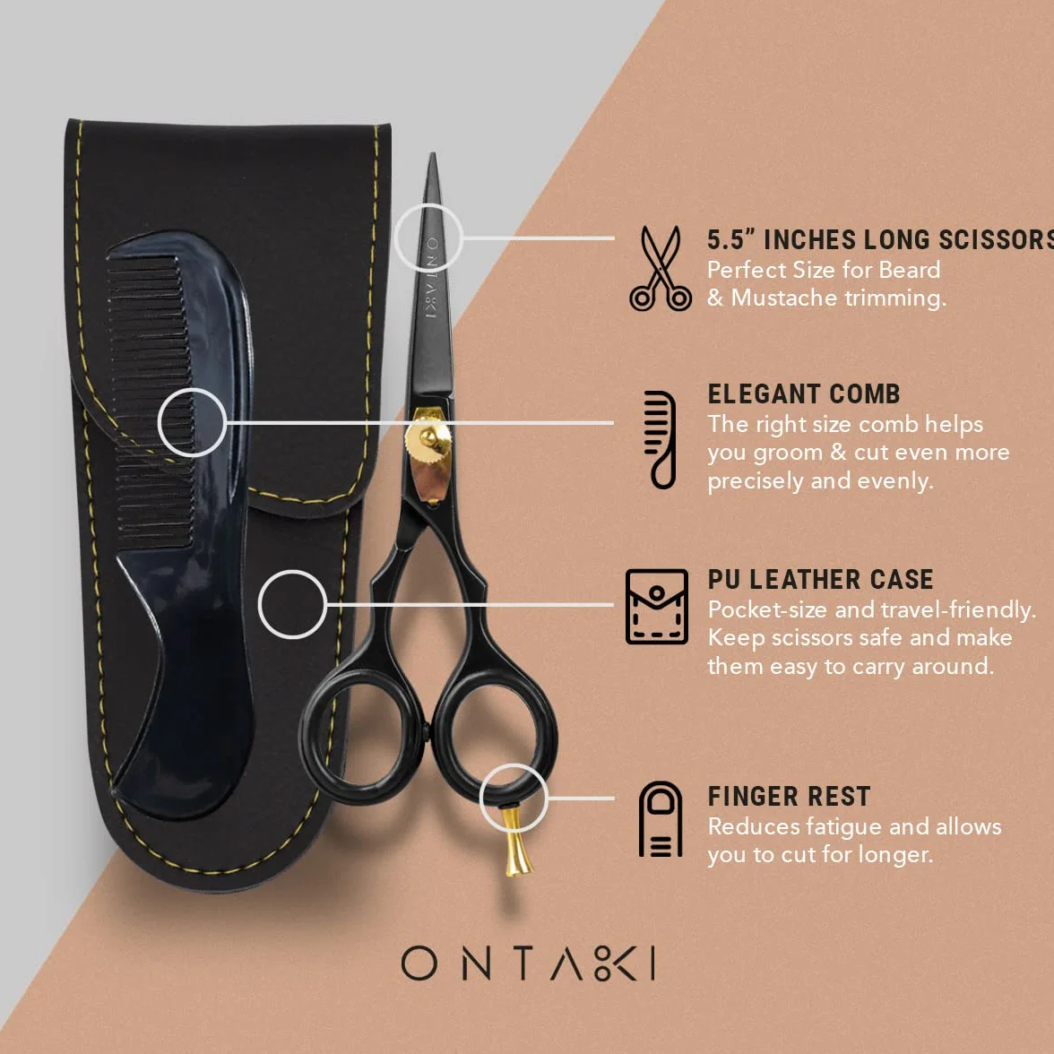 ONTAKI Premium Hand Forged Japans Steel Hair Bangs Scissors Cut Trim Groom Facial Hair Bangs (5,5 Black) Nożyczki do włosów, nożyczki fryzjerskie, nożyczki fryzjerskie (5.5" Black)