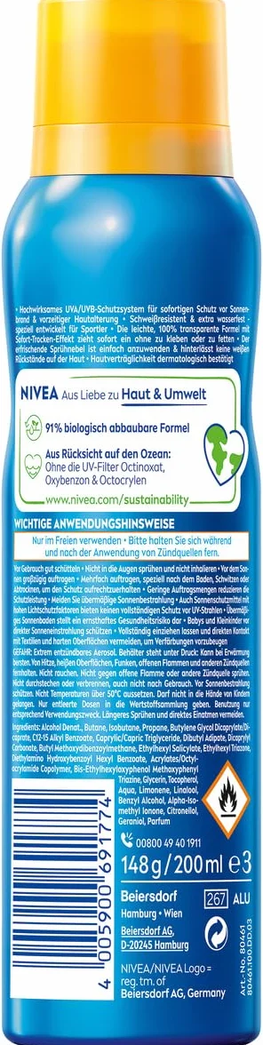 NIVEA SUN UV Dry Protect Sport Solar Spray SPF 50 (200 ml) 100% przezroczysty i chłodzący, odporny na pot i wyjątkowo wodoodporny spray przeciwsłoneczny