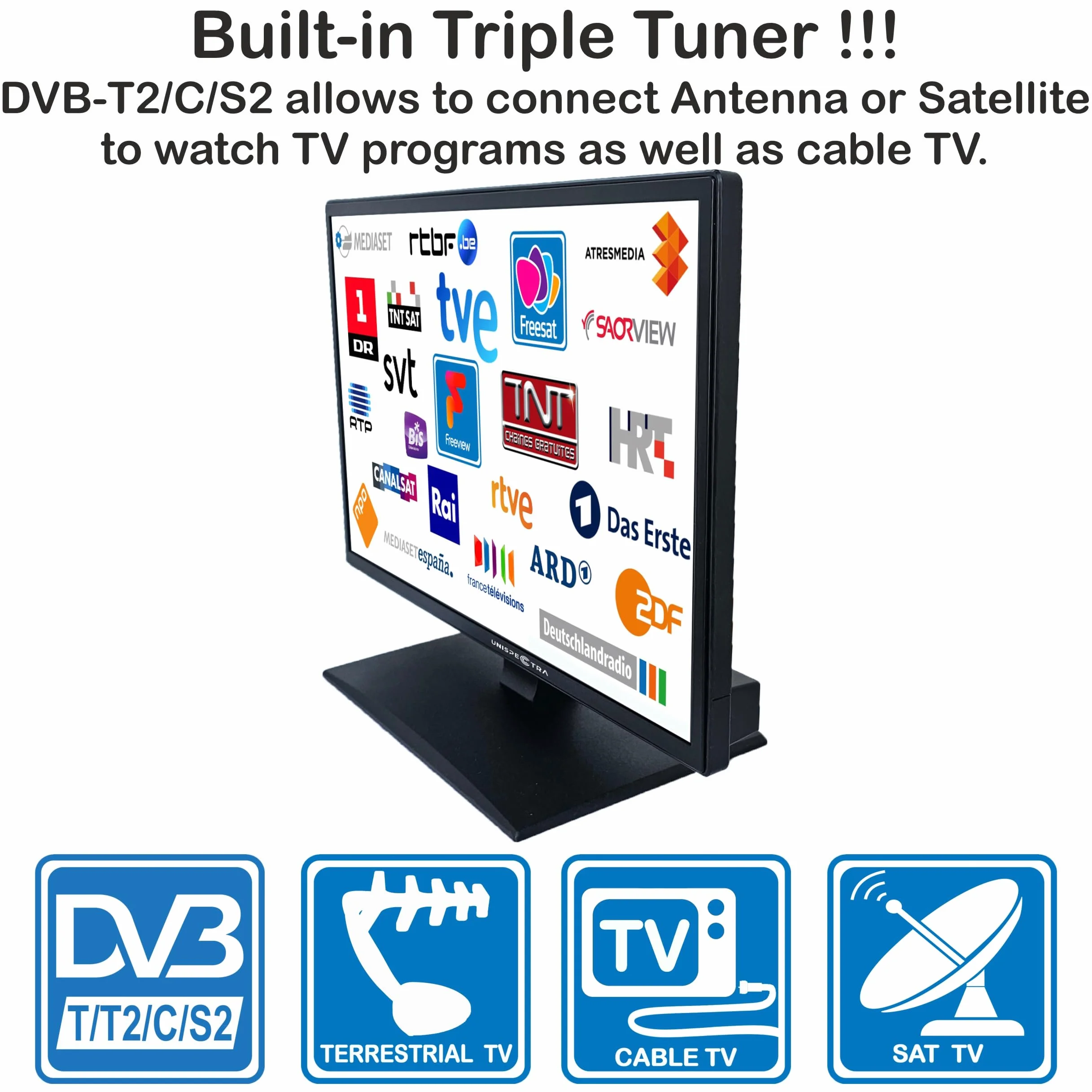 Unispectra ® 22” Smart TV (webOS) FHD 230V 12V 24V potrójny tuner, 3x HDMI, 2x USB, pilot Magic. Telewizor 12 V do samochodów I przyczep kempingowych, ciężarówek, łodzi