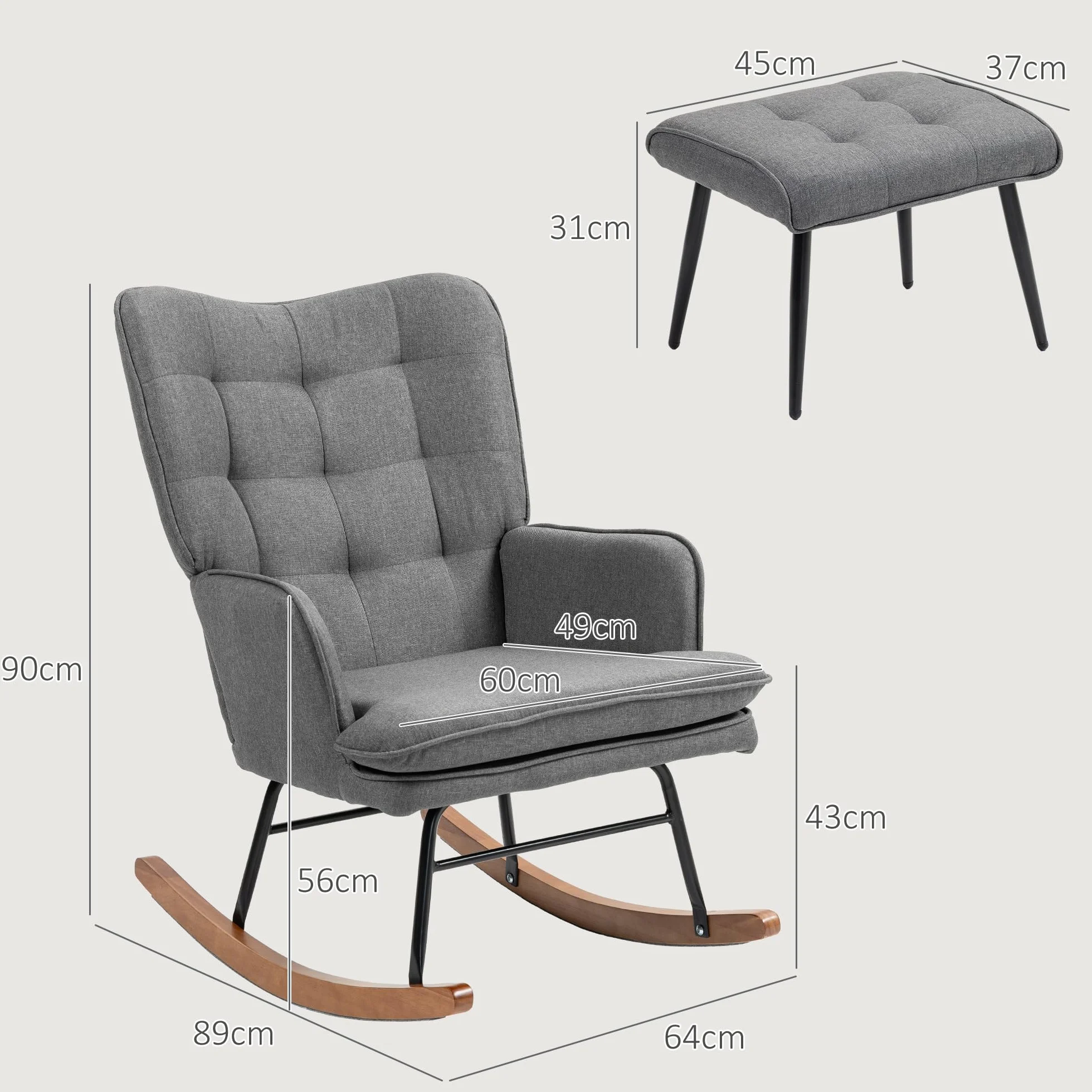 HOMCOM Fotel bujany z taboretem, fotel z podłokietnikami, fotel do karmienia o wyglądzie lnu, fotel bujany do 130 kg, do sypialni, salonu, ciemnoszary