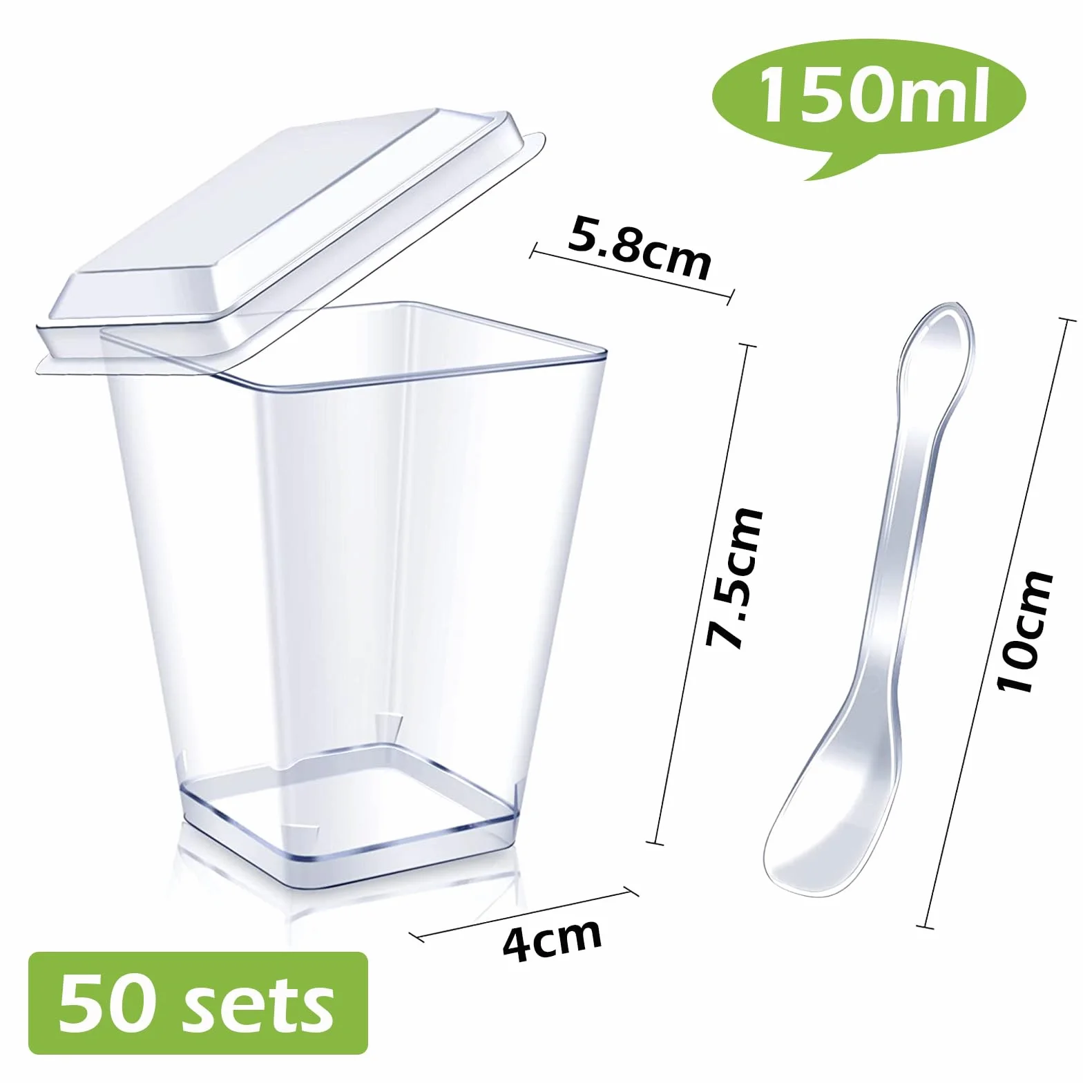 PALUDO 50 Sztuk Kubków Deserowych z Pokrywkami i Łyżkami, 150 ml, Plastikowe Zestaw