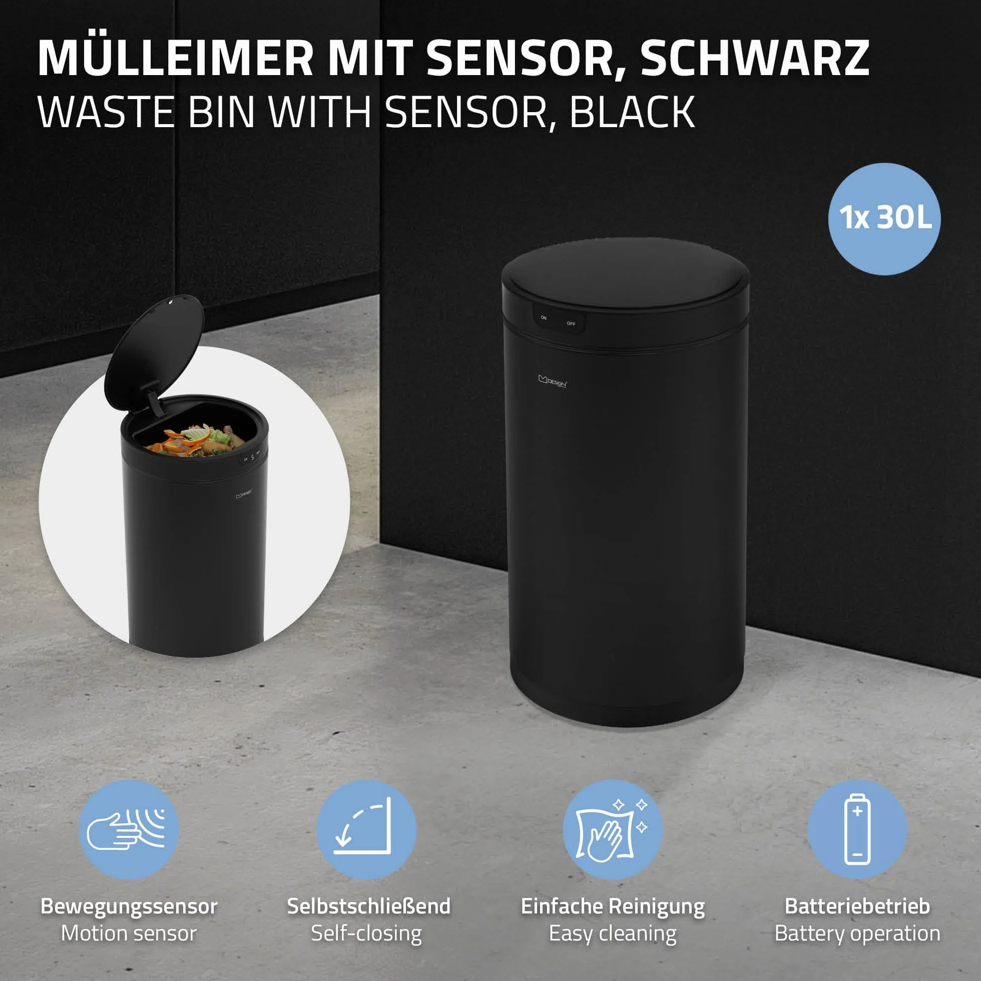 Automatyczny kosz na śmieci 30L z czujnikiem ruchu ML-Design stal czarny bezdotykowy do kuchni