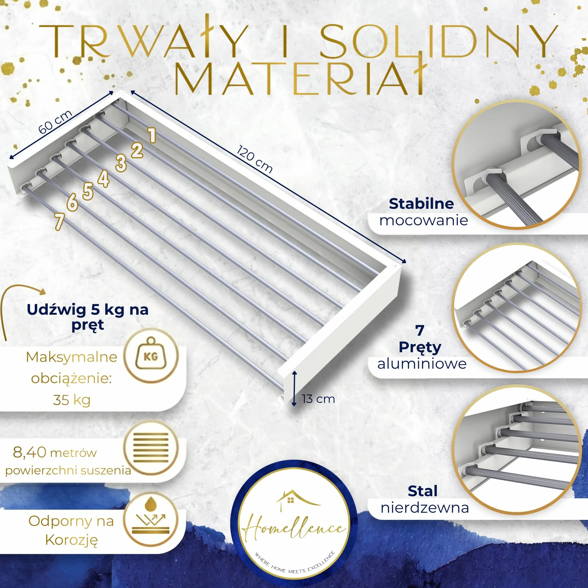 Homellence – Suszarka ścienna składana na pranie – Elegancka suszarka do prania montowana na ścianie – Składany ścienny stojak do suszenia prania (Biały, 120 cm)