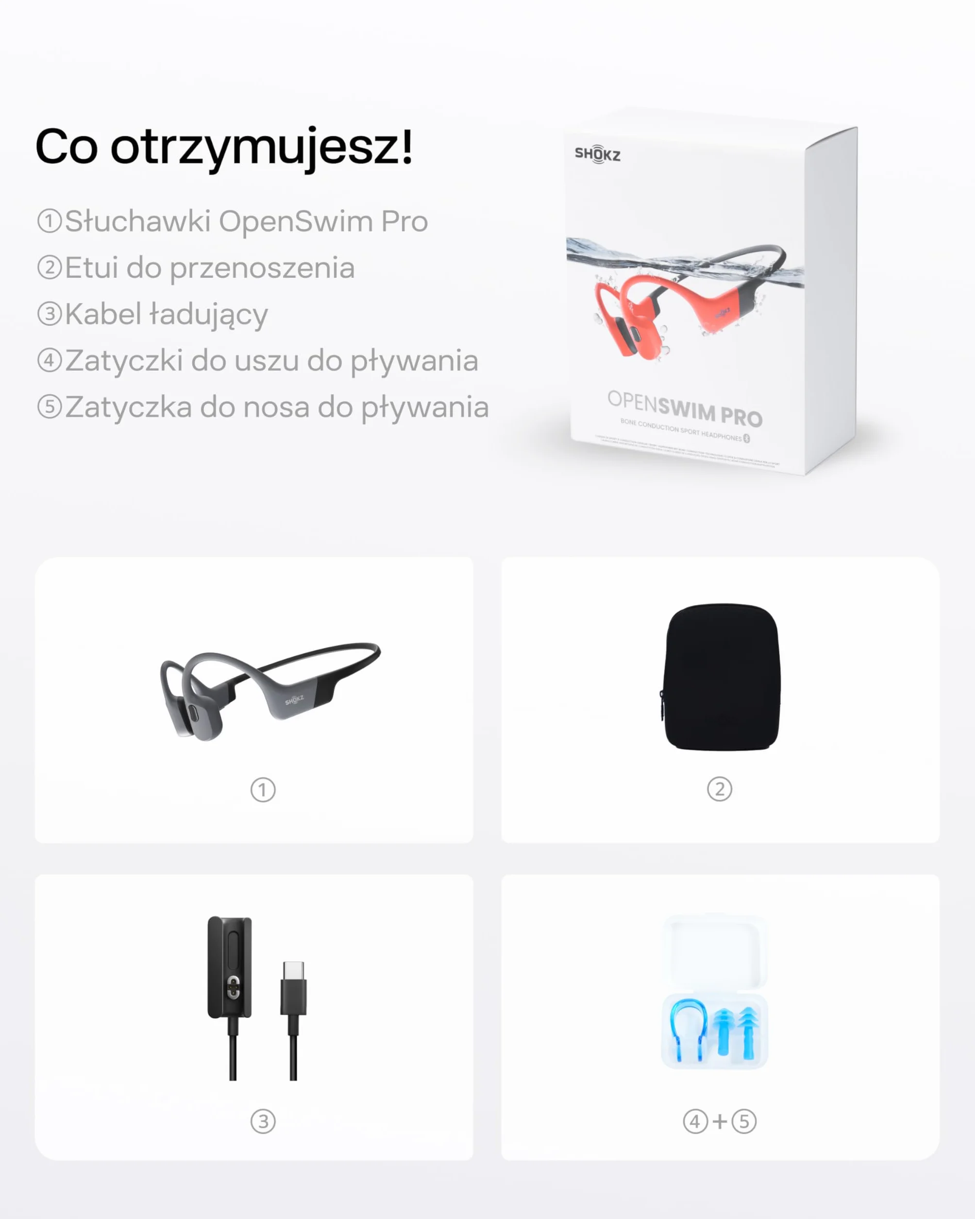 SHOKZ OpenSwim Pro Słuchawki Sportowe z Bone Conduction, Wodoszczelne IP68 Słuchawki Open-Ear z Bluetooth 5.4, Ładowanie bezprzewodowe,32GB Pamięci MP3, 9h Czasu Pracy do Biegania, Pływania - Szare