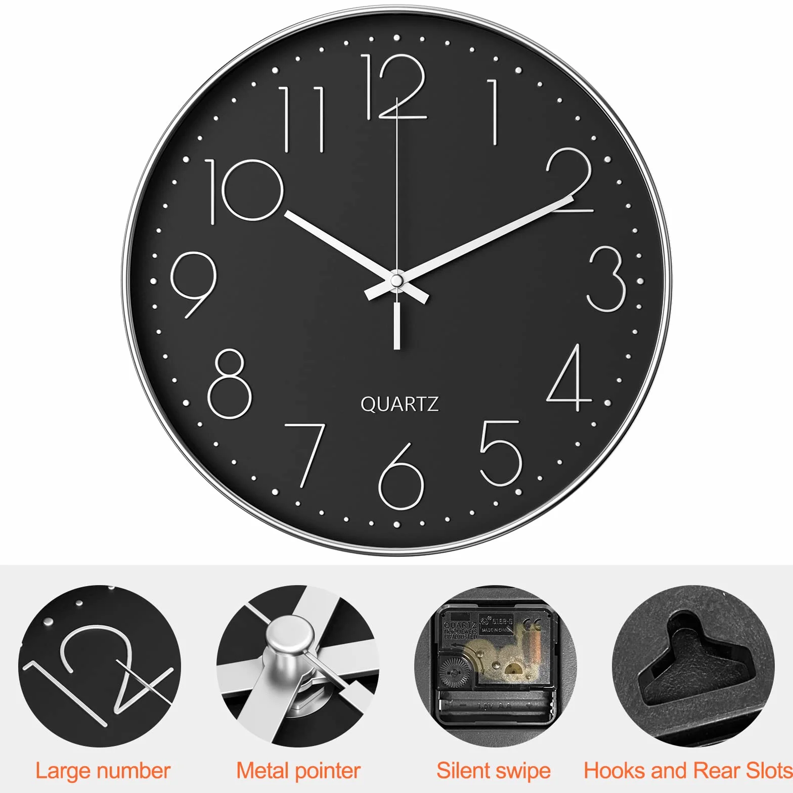 Uootach Zegar ścienny, nowoczesny 30 cm (12 cali) cichy zegar ścienny, mechanizm kwarcowy, nowoczesny minimalistyczny design czarny, do salonu, kuchni, biura, sypialni (srebrny znak)