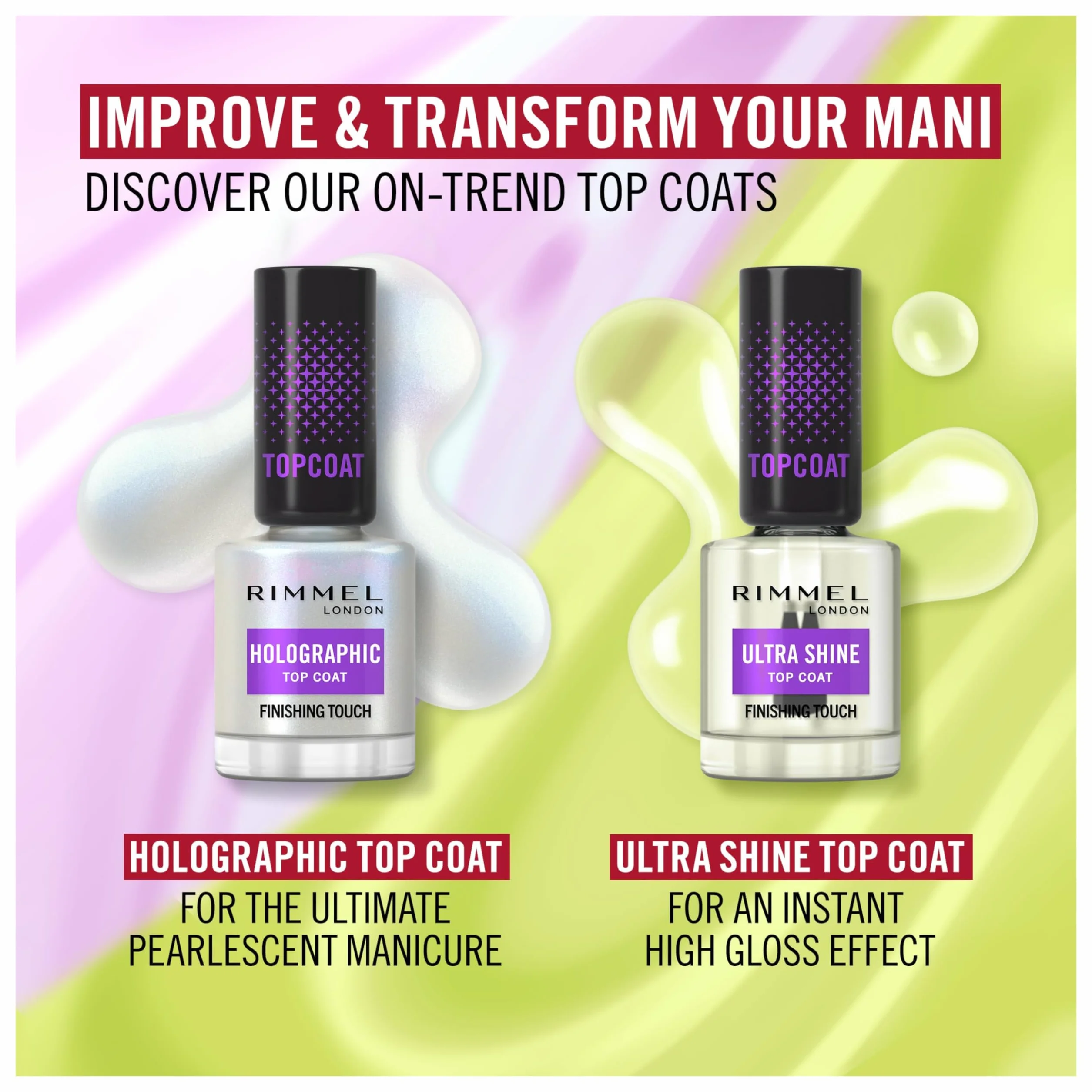 Rimmel London, Top Coat Ultra Shine, Top Coat Ultra Błyszczący i Długotrwały Chroni Kolor, Wegańska Formuła, 12ml