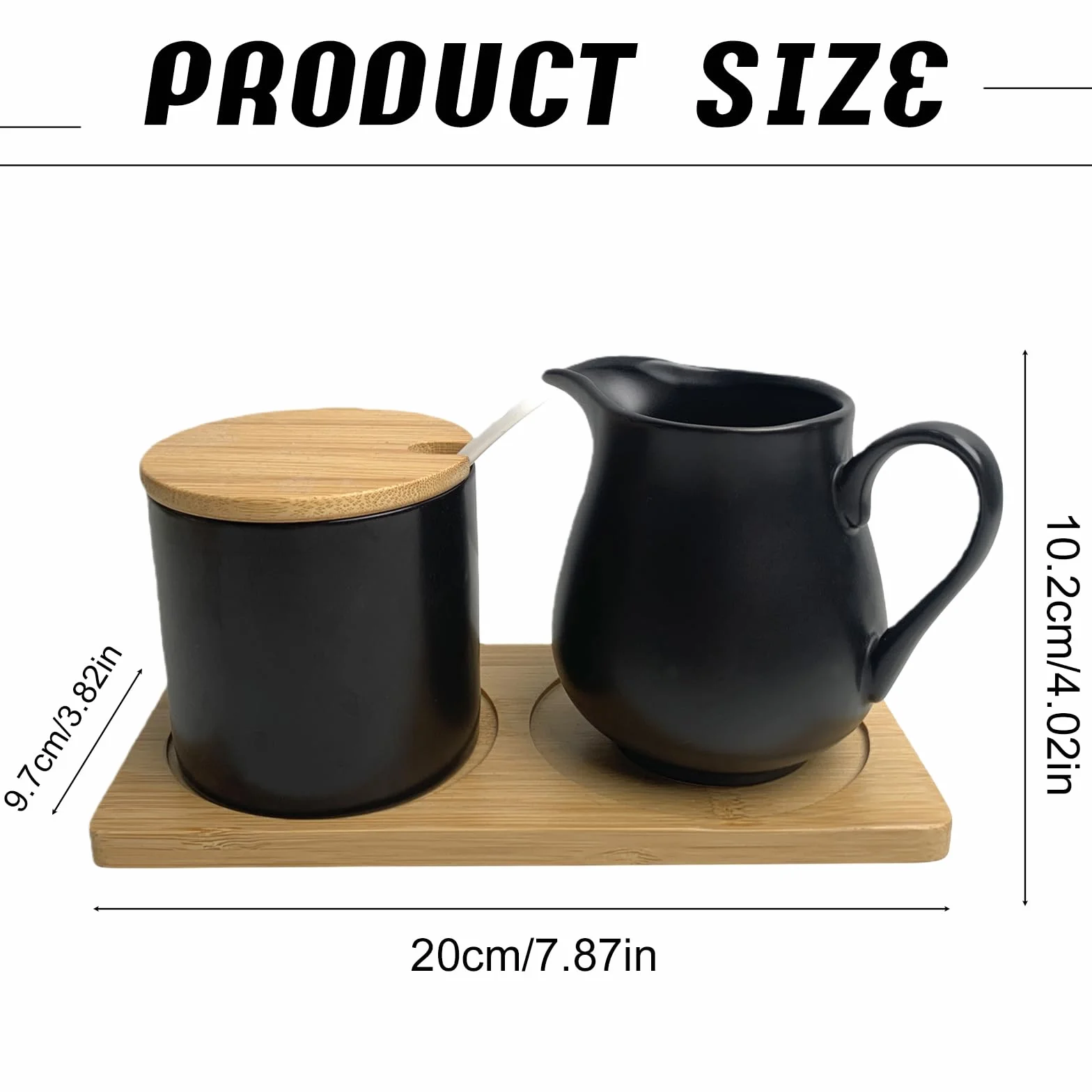 BAIFULAI Zestaw do mleka i cukru z pokrywką i łyżeczką, dzbanek na mleko czarny ceramiczny i cukiernica z drewnianą tacą, zestaw do cukru i mleka, ceramiczny dzbanek na śmietanę, pojemnik na mleko