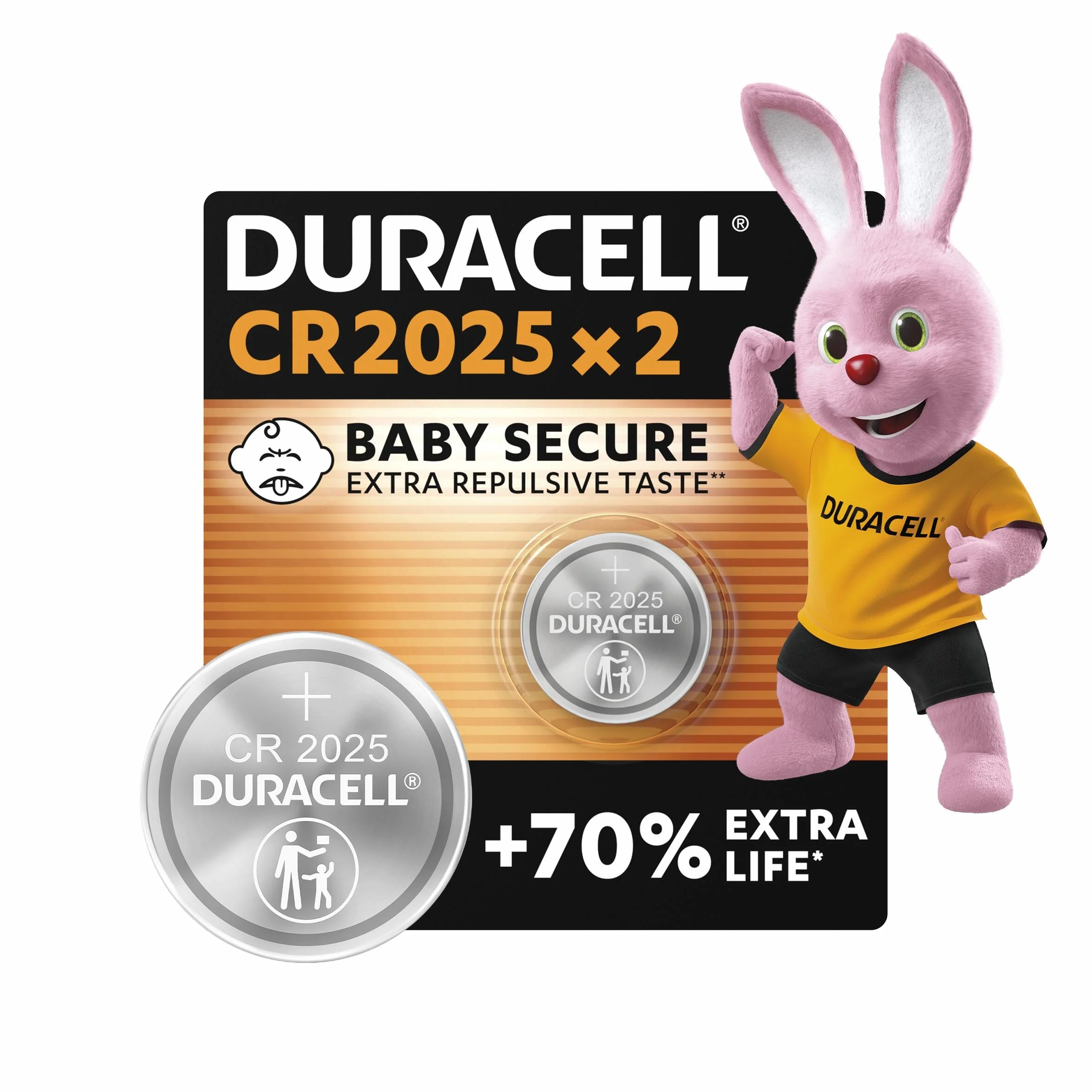 DURACELL 2025 litowe baterie pastylkowe 3V, 2-pak, Do 70 procent dłuższe działanie - Technologia Baby Secure - Do kluczy zbliżeniowych, zegarków sportowych i gogli 3D - Opakowanie bezpieczne