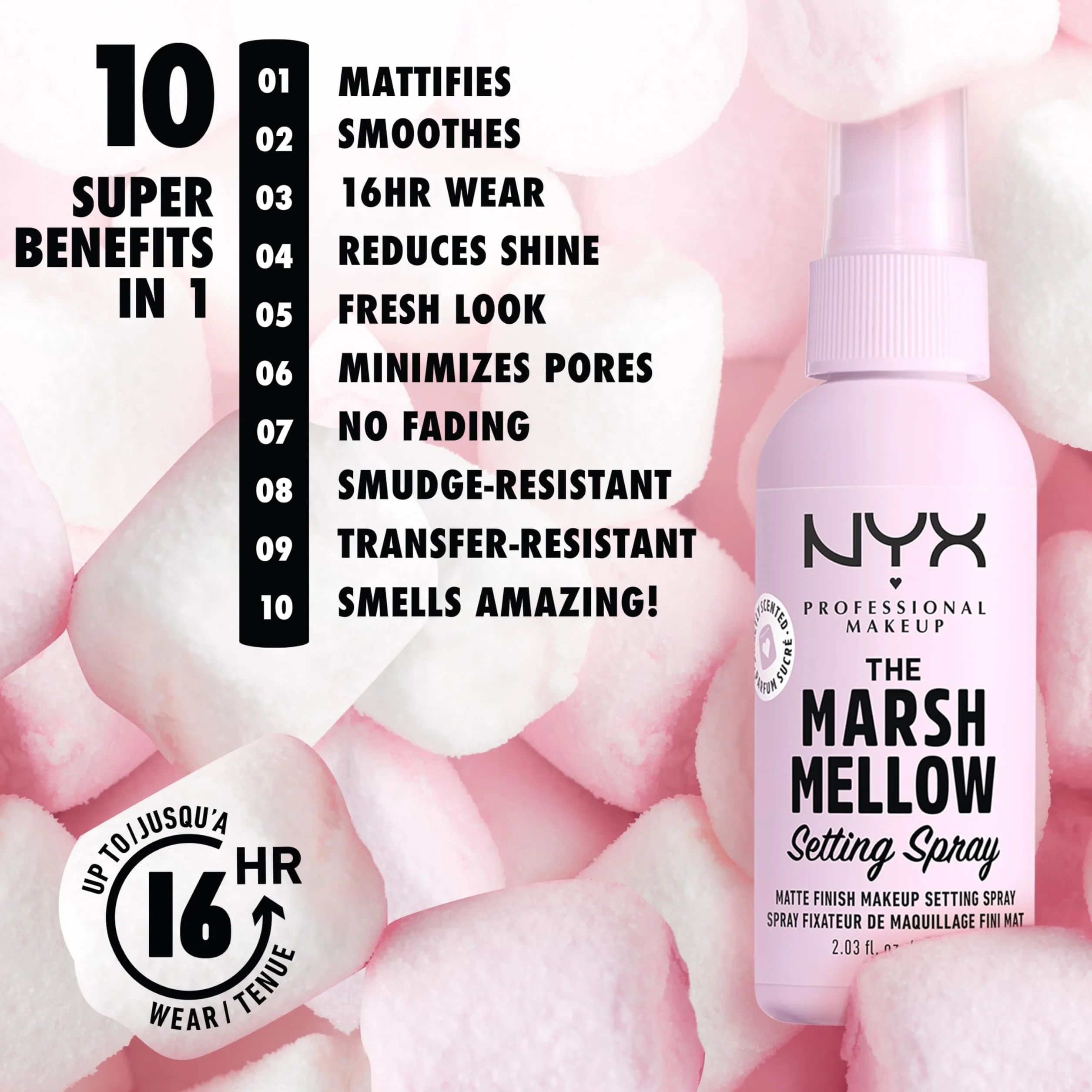 NYX PROFESSIONAL MAKEUP, Marshmellow Setting Spray, matowe wykończenie matowe, który nie przenosi i wydłuża czas trwania makijażu do 16H, 60 ml