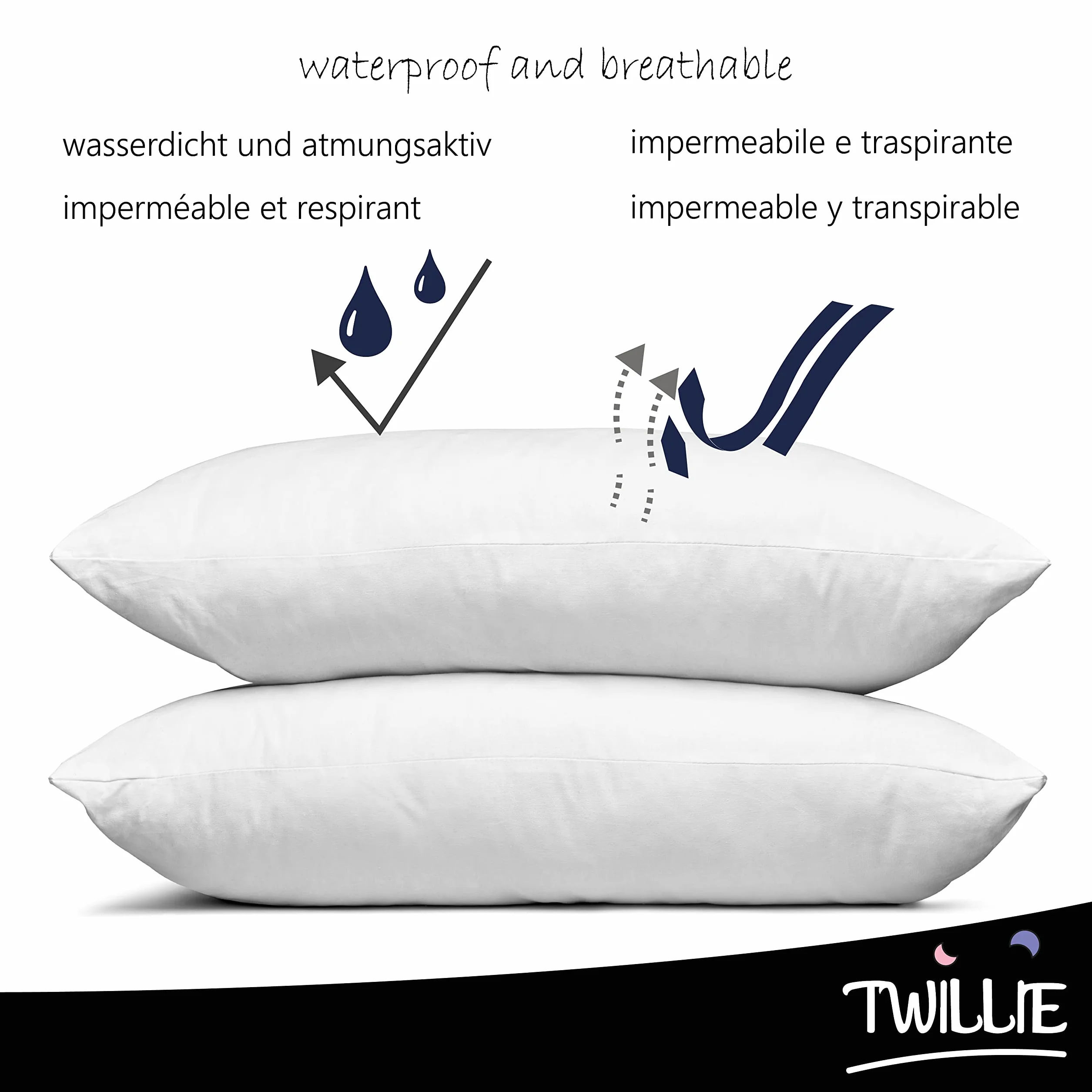 Twillie Zestaw 2 poszewek na poduszki wodoodporne 50 x 70 Oeko Tex® Antiroztocza Micro Oddychająca Ultra cienka