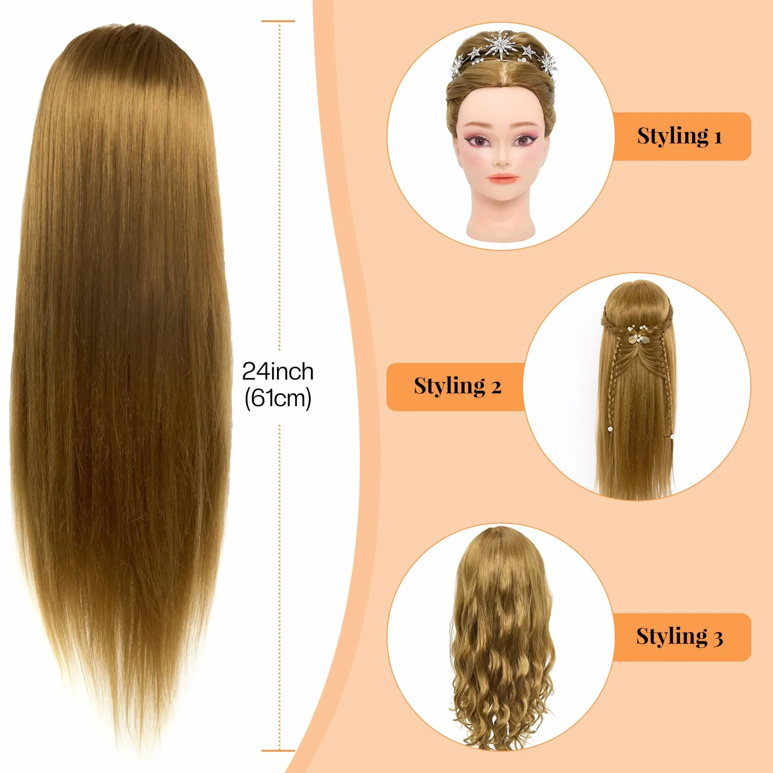 Neverland Głowa treningowa, fryzjerska głowica do stylizacji 61 cm, brązowa, 50% prawdziwe włosy, kosmetologia, fryzjerski, manekin, głowa lalki z funkcją makijażu, zestaw warkoczy, zacisk stołowy