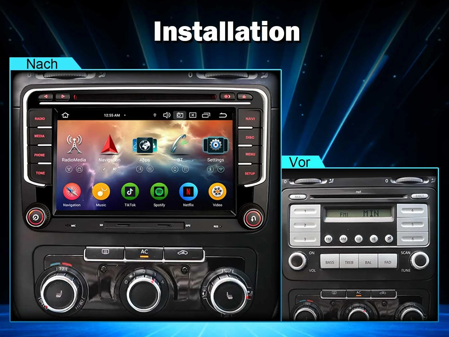 Erisin Radio samochodowe z systemem Android 14, 4 GB RAM + 64 GB ROM, 8 rdzeni, DVD, GPS, nawigacja, do VW Passat B6, Golf V VI, Touran, Skoda, Seat, Tiguan, Jetta, T5, 7-calowy ekran dotykowy, z