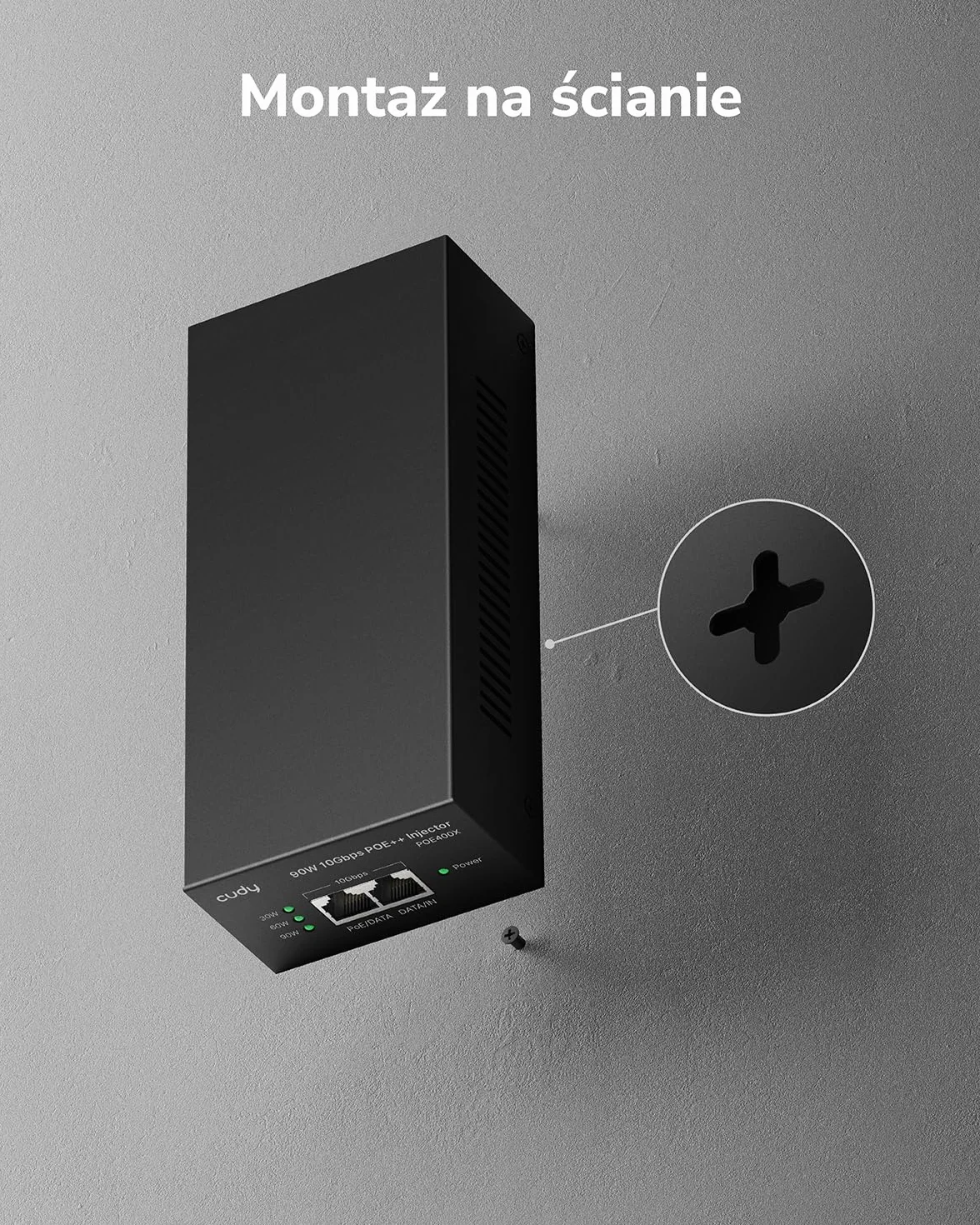Cudy Adapter wtryskiwacza POE400X 90W 10G Ultra PoE++, zgodny z 802.3bt /802.3at/802.3af, zasilacz Ultra do 90 W, ekranowany RJ-45 10 Gb/s, Plug & Play, metalowa obudowa