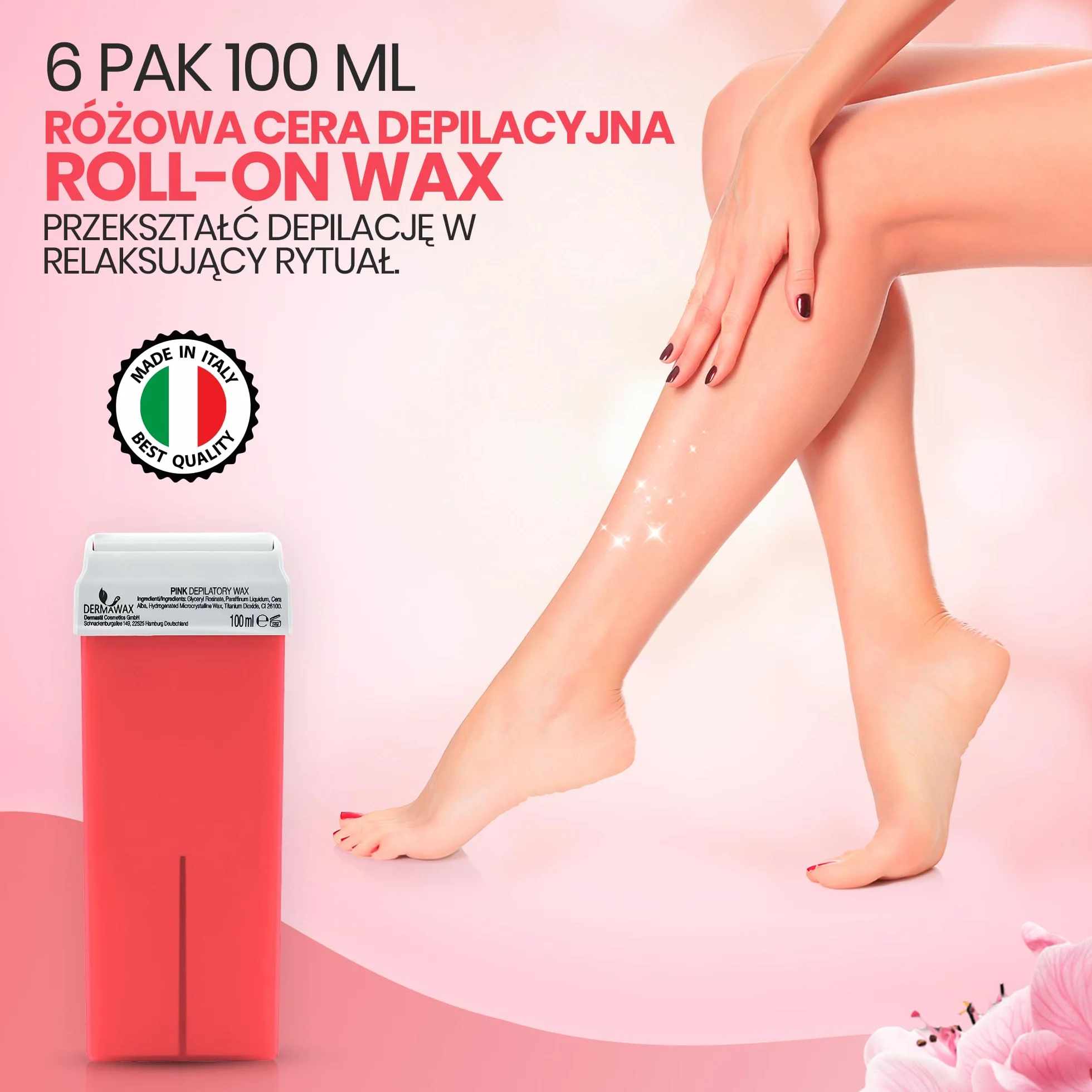 DERMAWAX 6 x 100 ml różowy wkład do wosku, miękki, kremowy wosk dla skóry wrażliwej, do stosowania z podgrzewaczem wosku i paskami z włókniny (brak w zestawie) - nogi, ramiona, pachy, klatka piersiowa