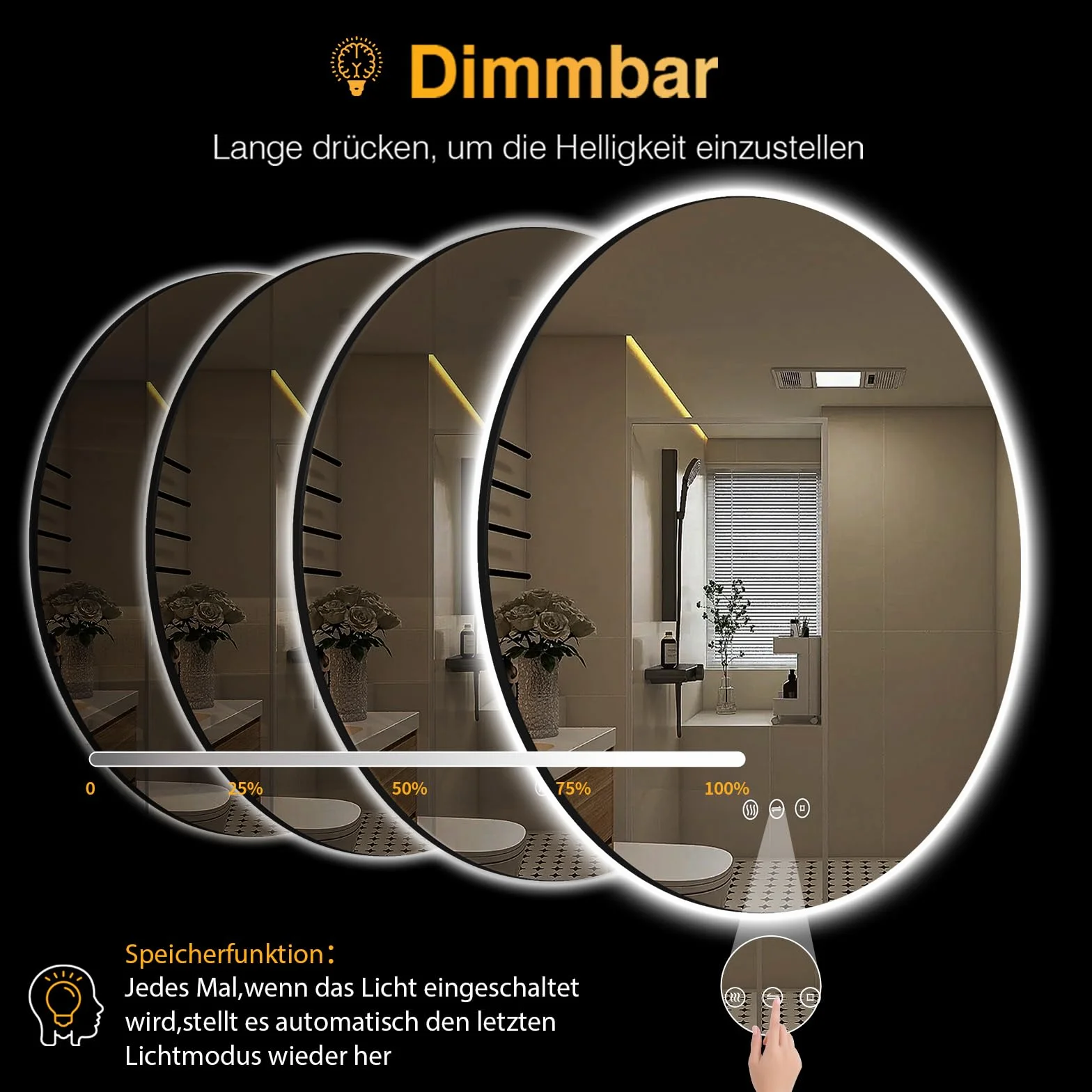 Okrągłe lustro łazienkowe z oświetleniem, 60 cm LED, lustro do łazienki z światłem, antymgławienne, 3 kolory światła, możliwość przyciemnienia, włącznik dotykowy, funkcja pamięci, okrągłe