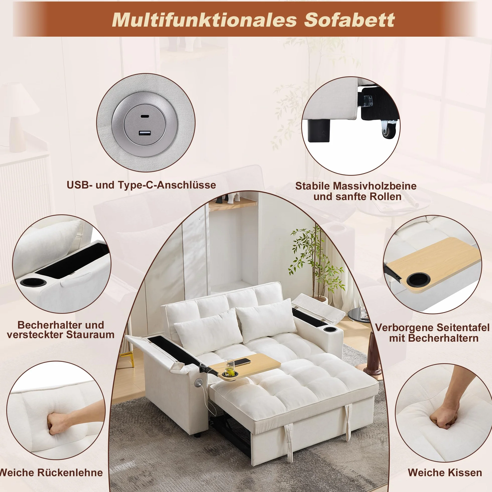 Sofa 2-osobowa z funkcją spania 140,5 x 74 x 82 cm rozkładana 3 w 1 regulowanym oparciem USB ukryty stół beżowa