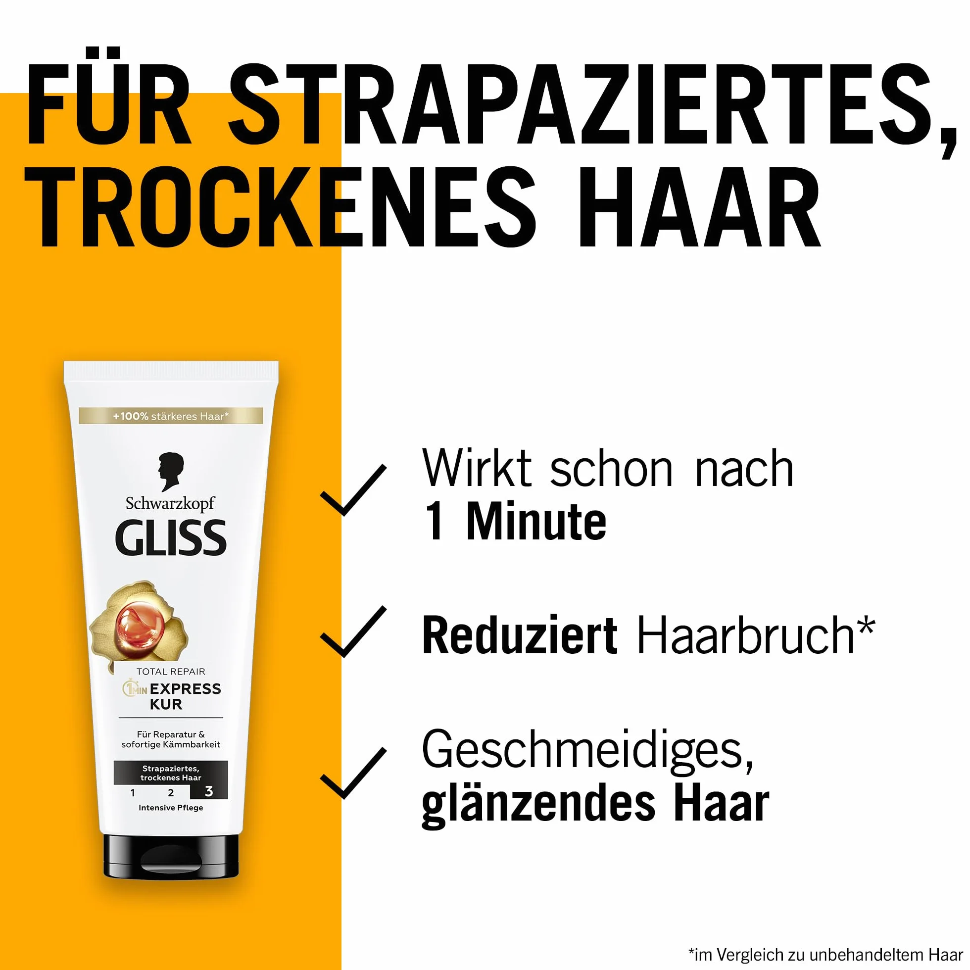 Gliss 1-minutowa intensywna kuracja Total Repair (200 ml), kuracja do włosów z płynną keratyną do suchych i zniszczonych włosów, skuteczna już po 1 minucie