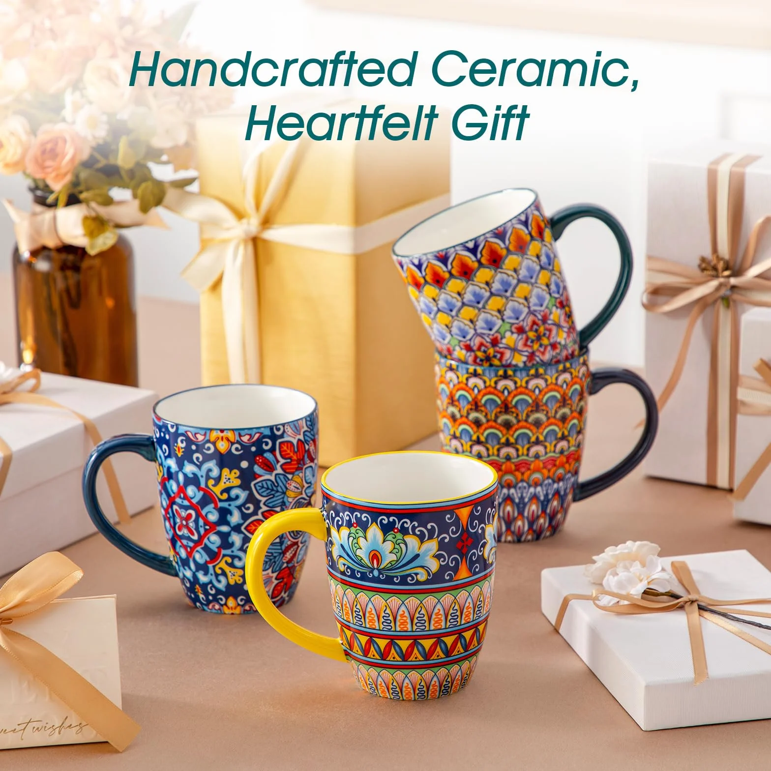 vancasso SIMI Zestaw 6 porcelanowych kubków do kawy, 480 ml, w stylu boho, z uchwytem, nadają się do kuchenki mikrofalowej i zmywarki, nadają się do wszystkich rodzajów napojów