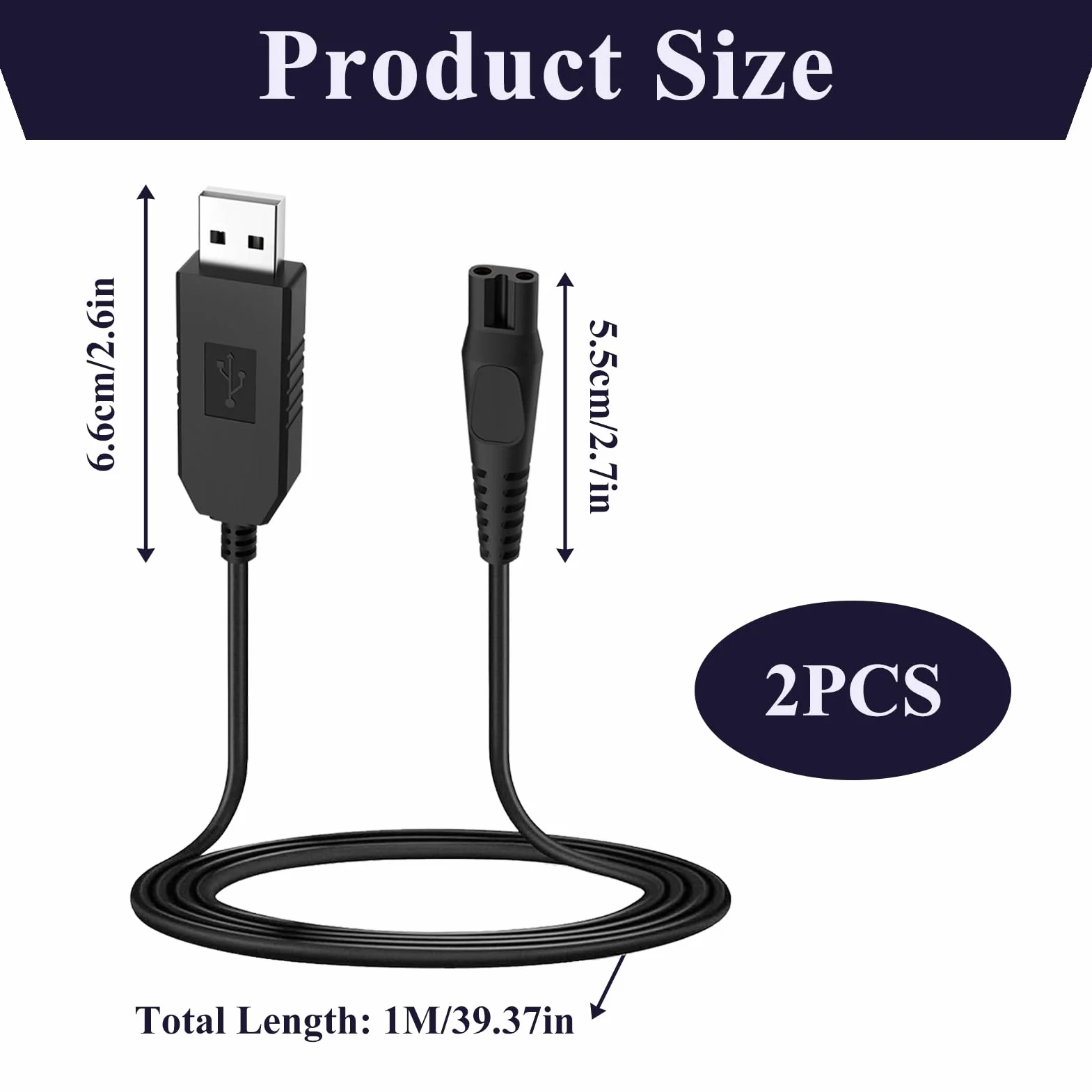 2-pak 5 V kabel ładujący do golarki Philips Norelco One Blade QP2724 QP2824, ładowarka USB do QP1324 QP2834 QP4530 QP4631 MG5910 MG7910 MG7930 MG7950 X3001 MG950 X3001 MG9550 MG10 MG9 520 X5006 2400