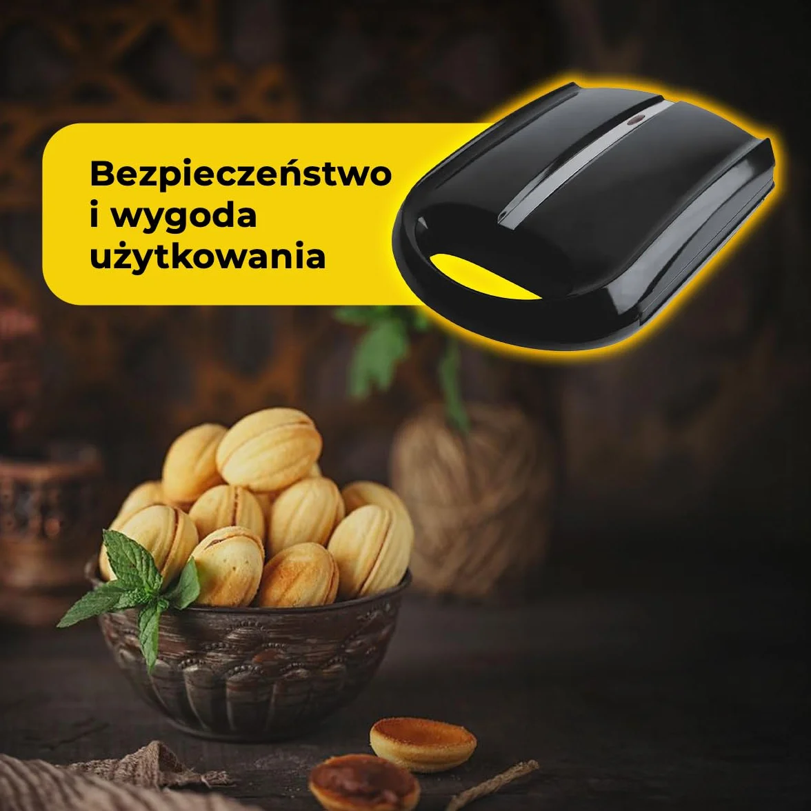 Maszyna do orzeszków 1400W, opiekacz do ciastek, powłoka nieprzywierająca, pieczenie 24 połówek, ochrona przed przegrzaniem, czarny