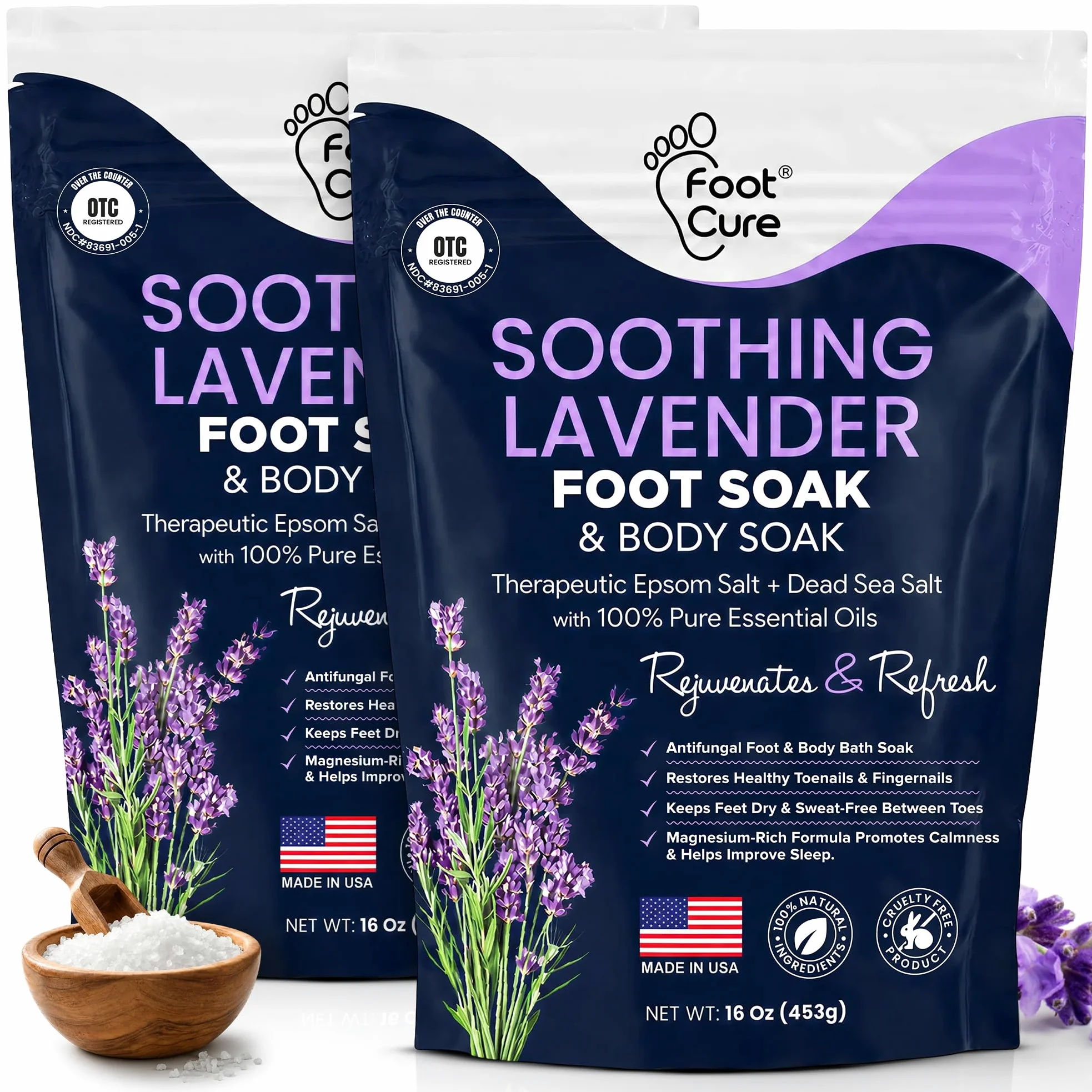 Soothing Lavender Foot Soak with Epsom Salt - Best Toenail Treatment & Softens Calluses - Soothes Sore & Tired Feet, Foot Odor Scent, Spa Pedicure - Wyprodukowano w USA - 2 sztuki