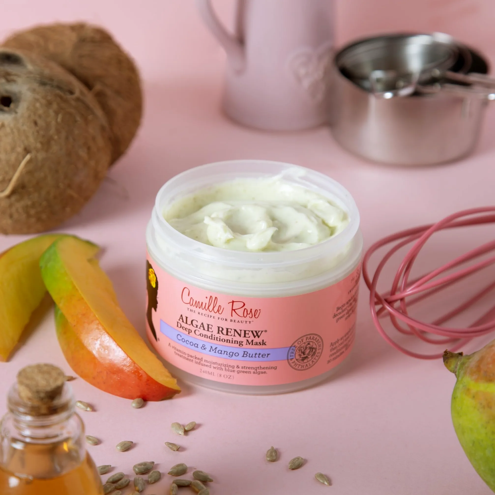 Camille Rose Algae Renew głęboka rewitalizująca maska do włosów, do wszystkich rodzajów włosów, odżywia i wzmacnia, masło kakaowe i mango, 240 ml