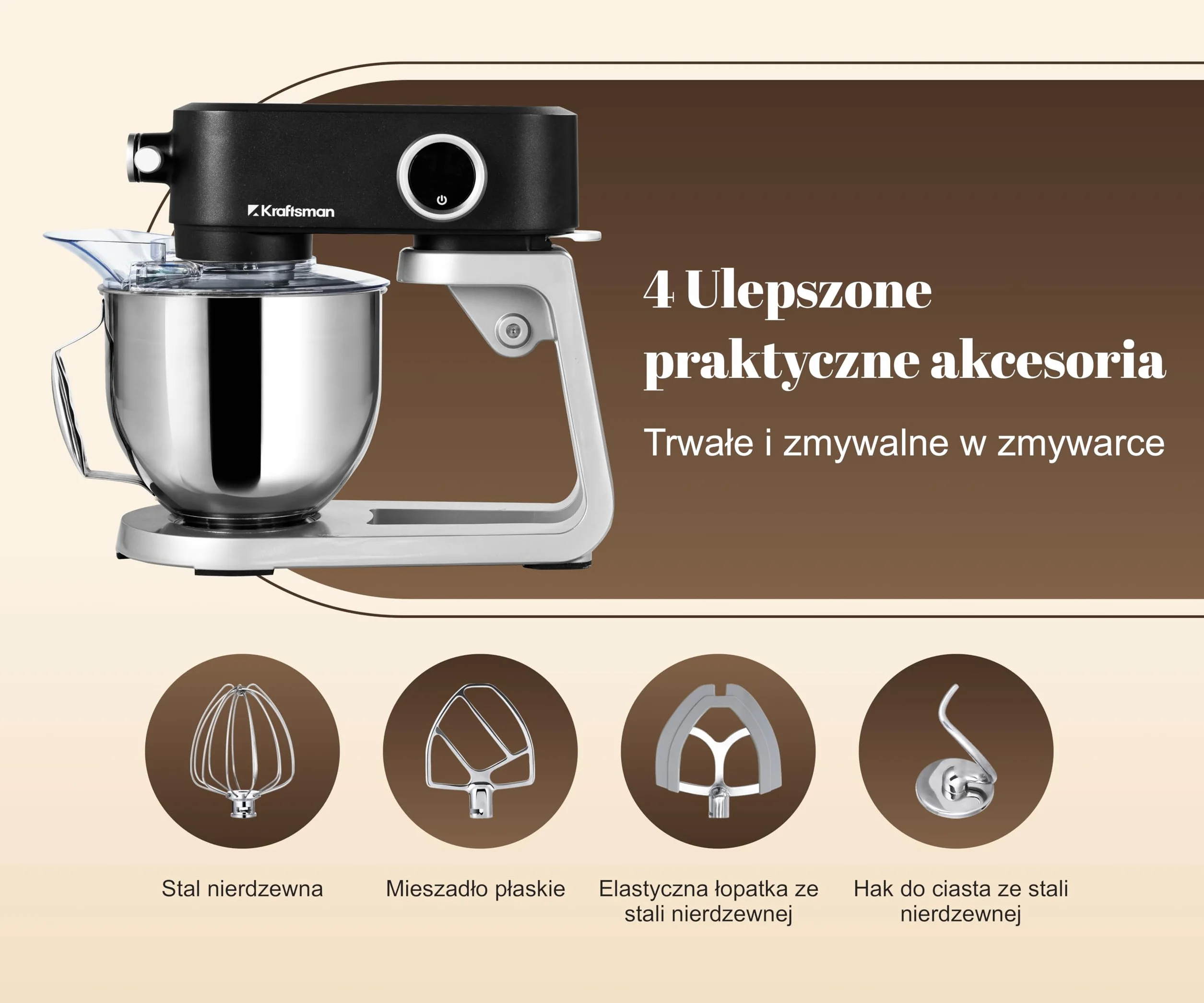 Mikser stojący 5 L Vollmetal, silnik DC z miedzi, timer LED, 8 prędkości, stal nierdzewna, czarny