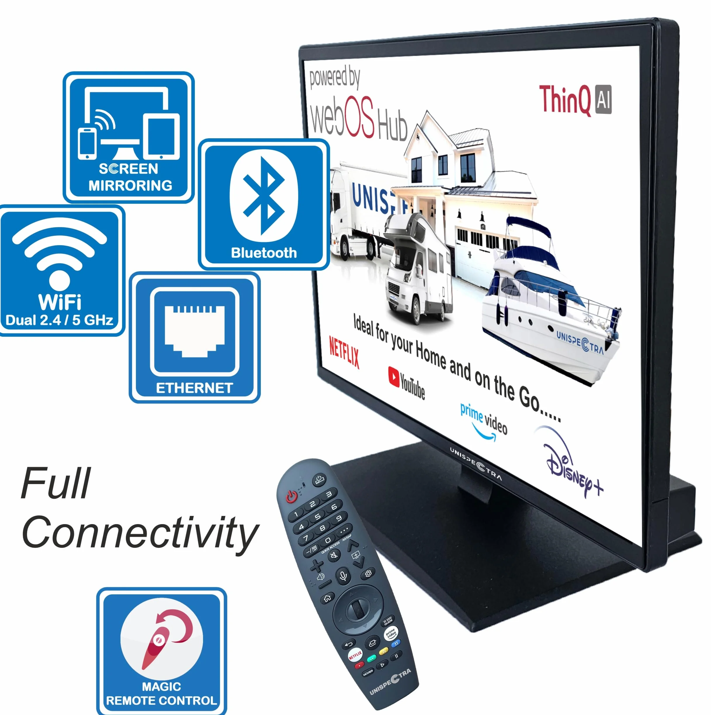 Unispectra ® 22” Smart TV (webOS) FHD 230V 12V 24V potrójny tuner, 3x HDMI, 2x USB, pilot Magic. Telewizor 12 V do samochodów I przyczep kempingowych, ciężarówek, łodzi
