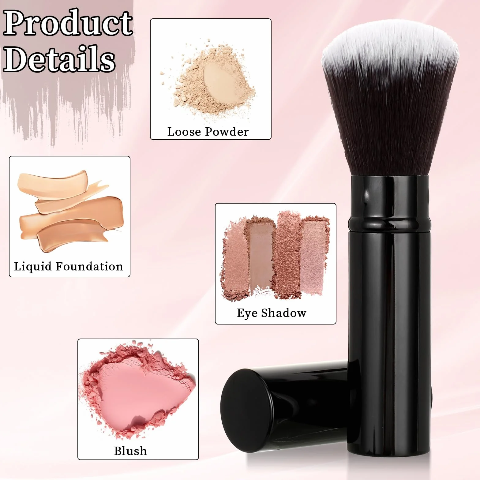 Kabuki pędzel do makijażu, czarny, wysuwany pędzel do tuszu do rzęs z pokrywką, do ochrony przed słońcem, bronzer róż