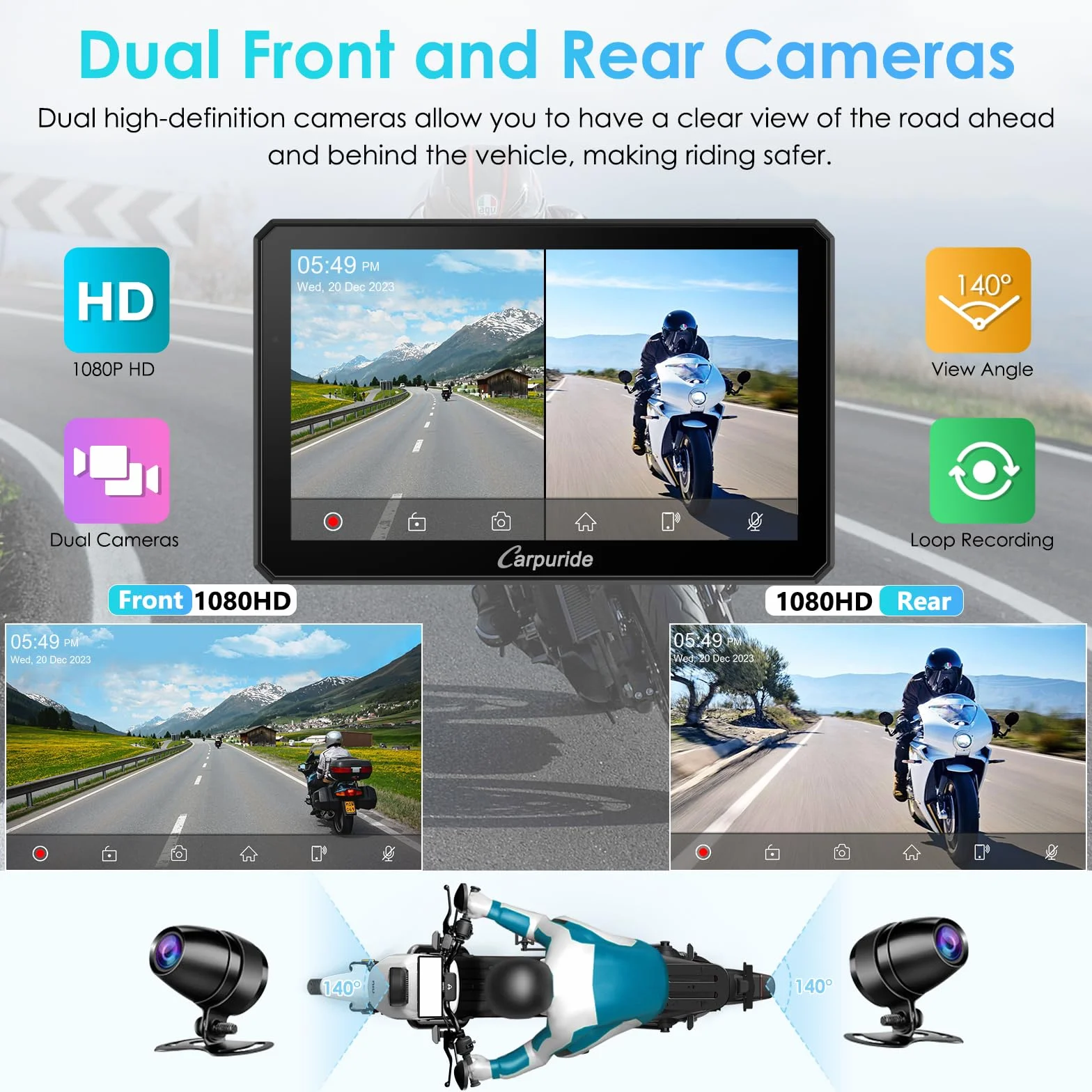 Carpuride W712D Motocyklowy ekran Carplay z kamerą samochodową 1080P HD z przodu i z tyłu, bezprzewodowy CarPlay i Android Auto, wodoodporny ekran dotykowy 17.8 cm, BT Audio, przewodowy kontroler