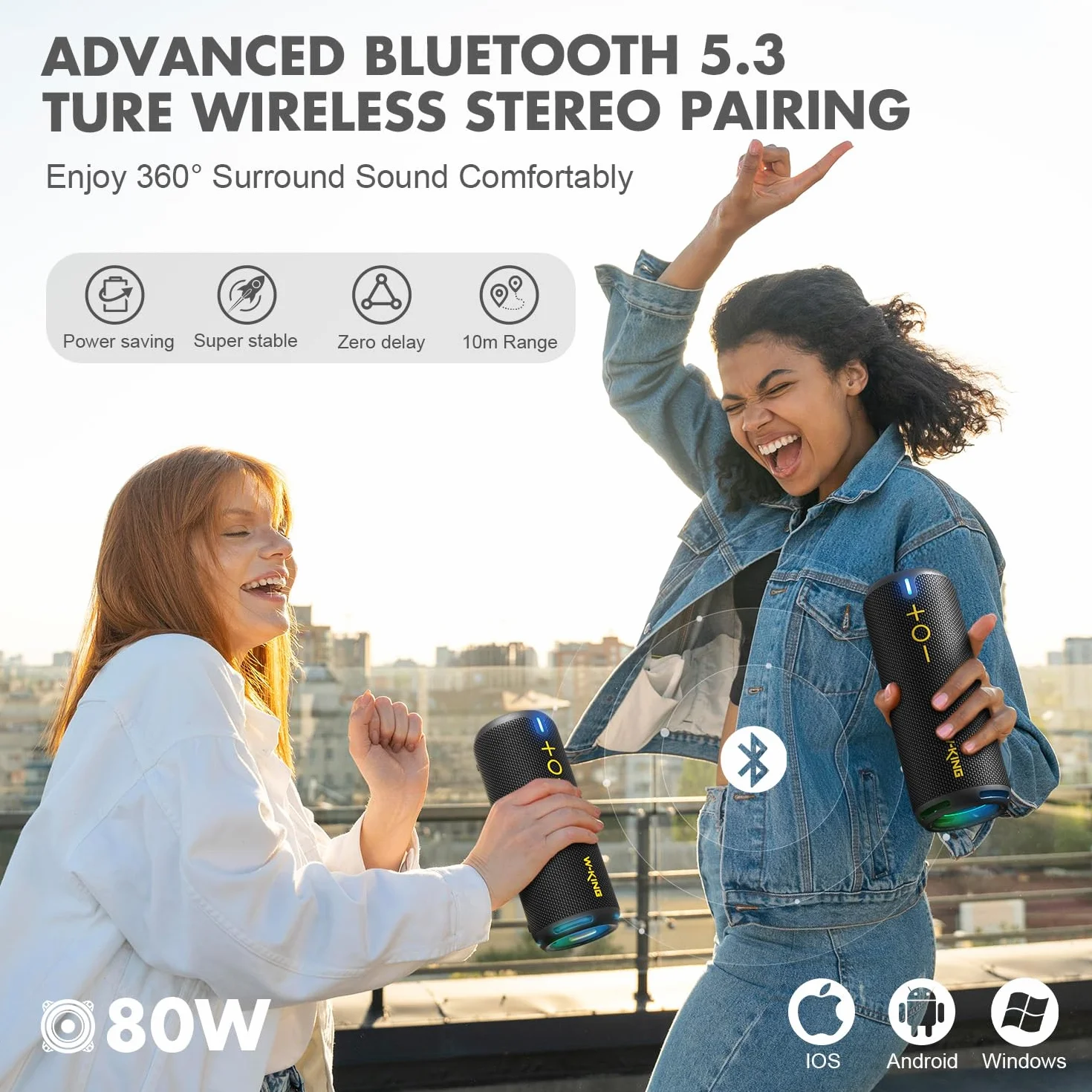 W-KING Głośnik Bluetooth, IP67, głośnik, Bluetooth, do użytku na zewnątrz, EQ-APP, 40 W HD 360° Surround Sound / Light/Deep Bass/V5.3/DSP/24H/TF/AUX, do prysznica, na kemping, D320, czarny