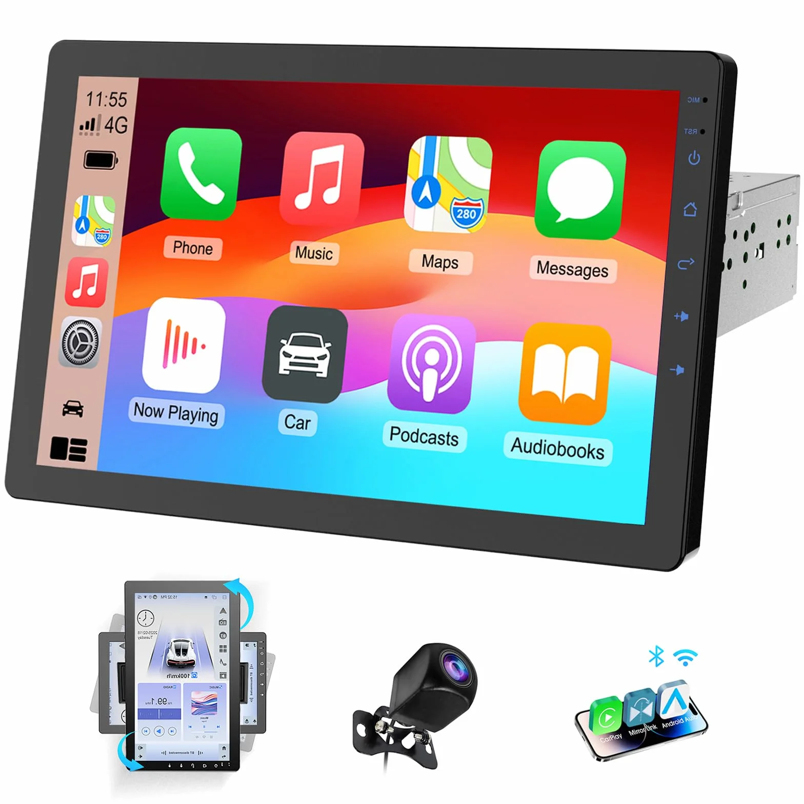 Haudio Obrotowe Radio Samochodowe 360°, Stereo 1 DIN z Funkcją Carplay i Android Auto, 10,1 Calowy Ekran IPS do Odtwarzania z GPS, Mirror Link, Sterowanie Głosowe, Radio RDS/FM/AM, Tylna Kamera 720P