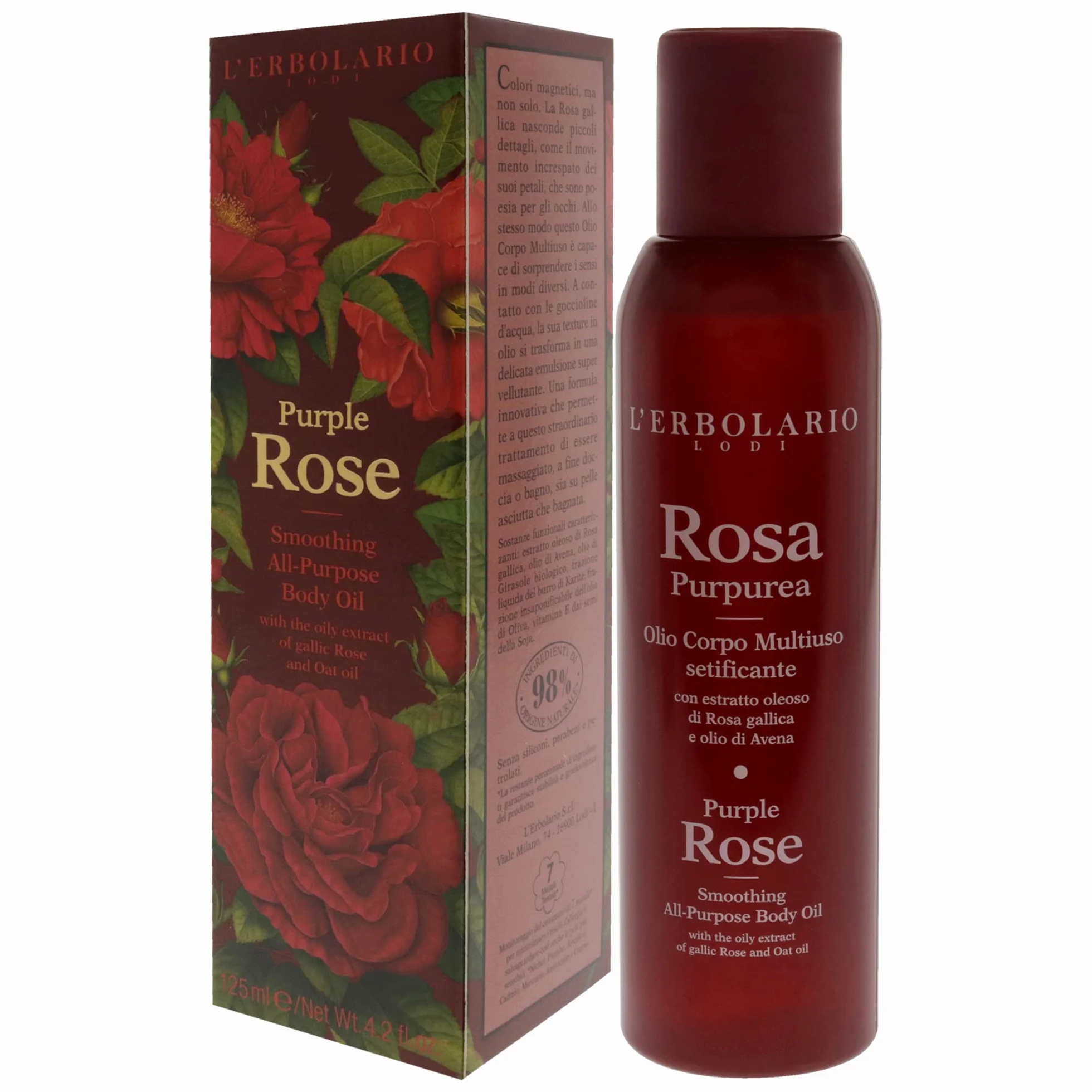 L'Erbolario ROSA PURPUREA wielofunkcyjny olejek do ciała z ekstraktem i wodą destylowaną z róży galliczkiej, 125 ml