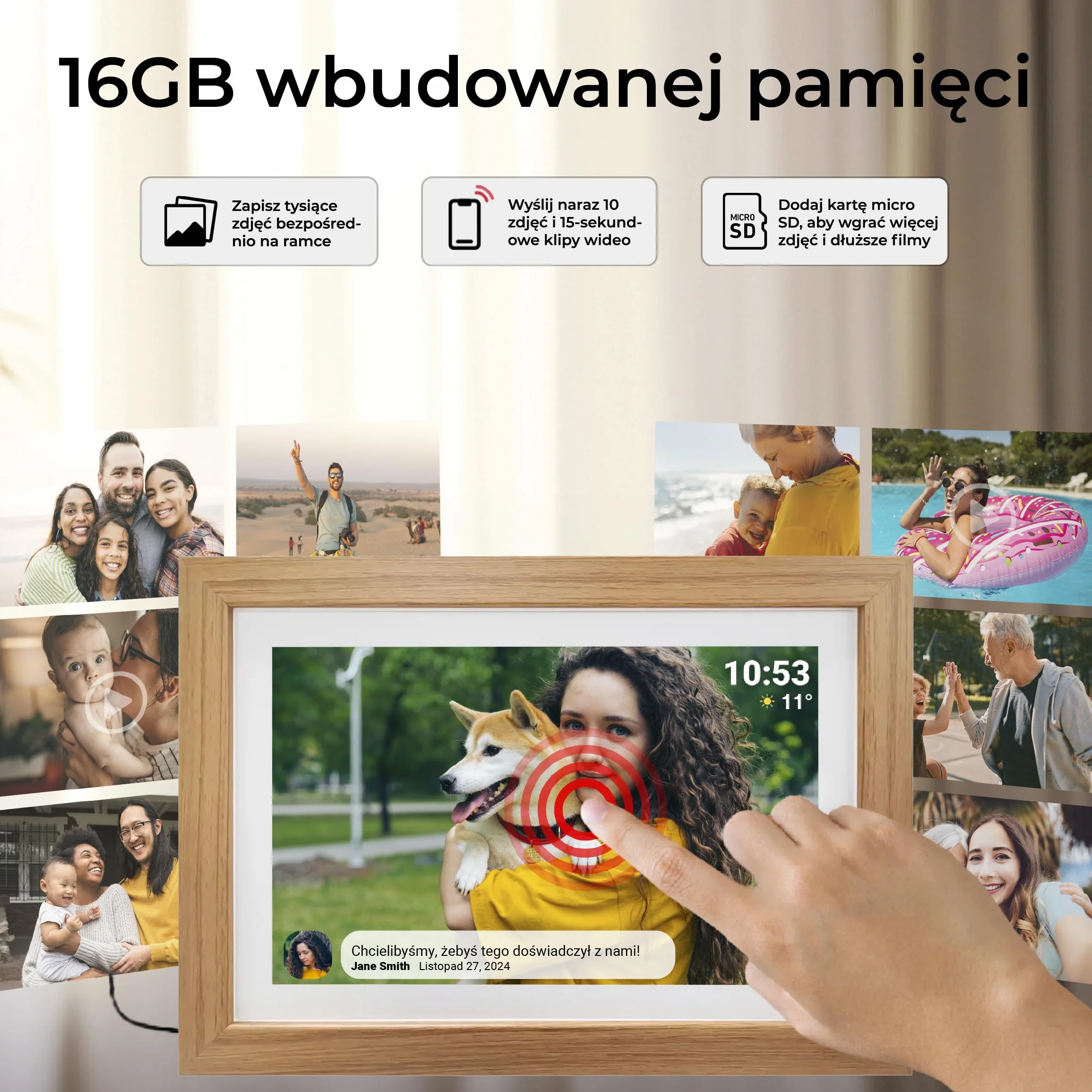 Denver Cyfrowa ramka na zdjęcia 10,1 cala HD - elektroniczna ramka na zdjęcia - ramka na zdjęcia - aplikacja Frameo - ekran dotykowy IPS - 16 GB - PFF1042LW - drewno