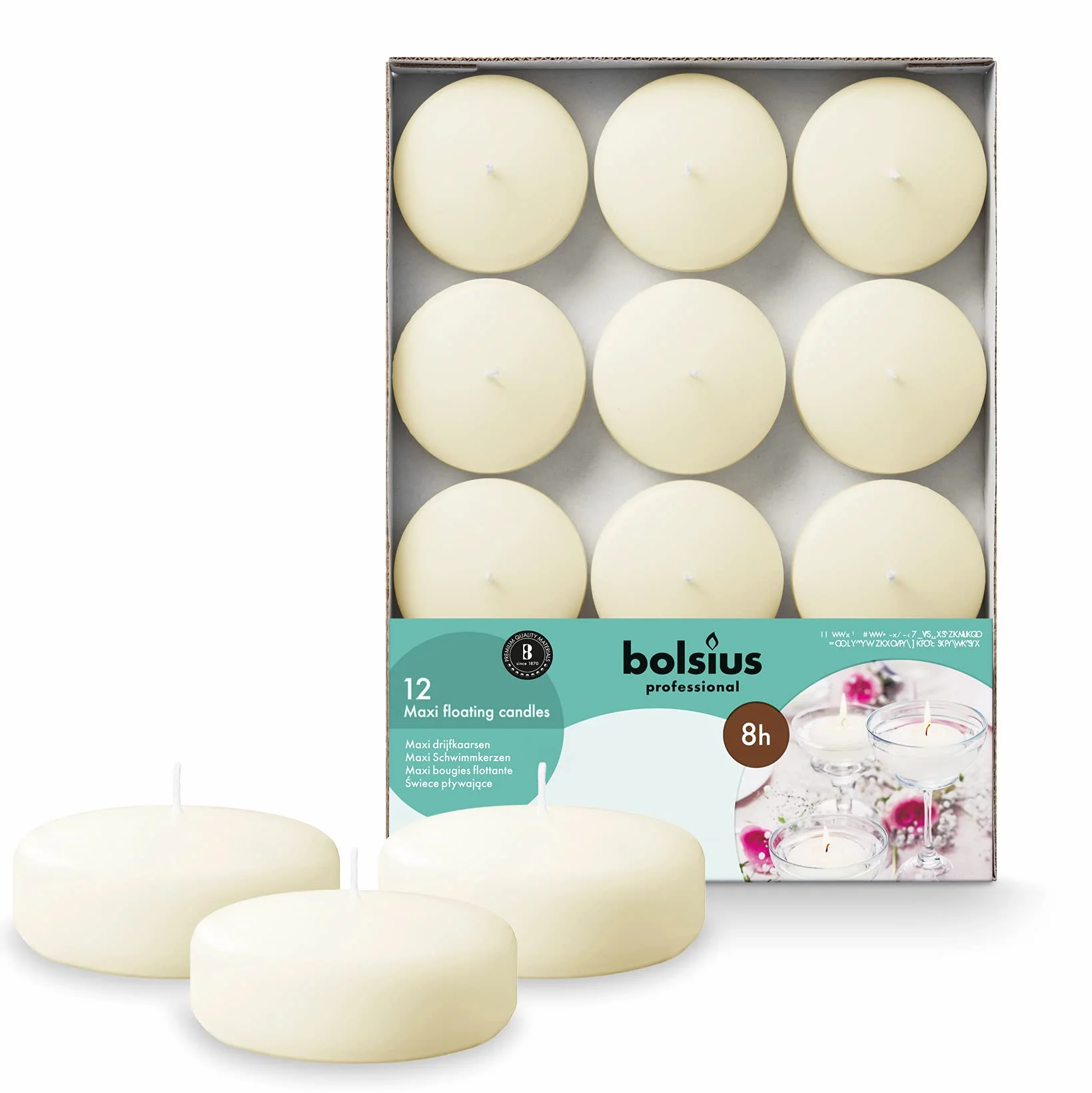 Bolsius Nieperfumowane Płynne Świece 7,6 cm Kość słoniowa Zestaw 12 XL pływające świece Czas palenia 8 godzin