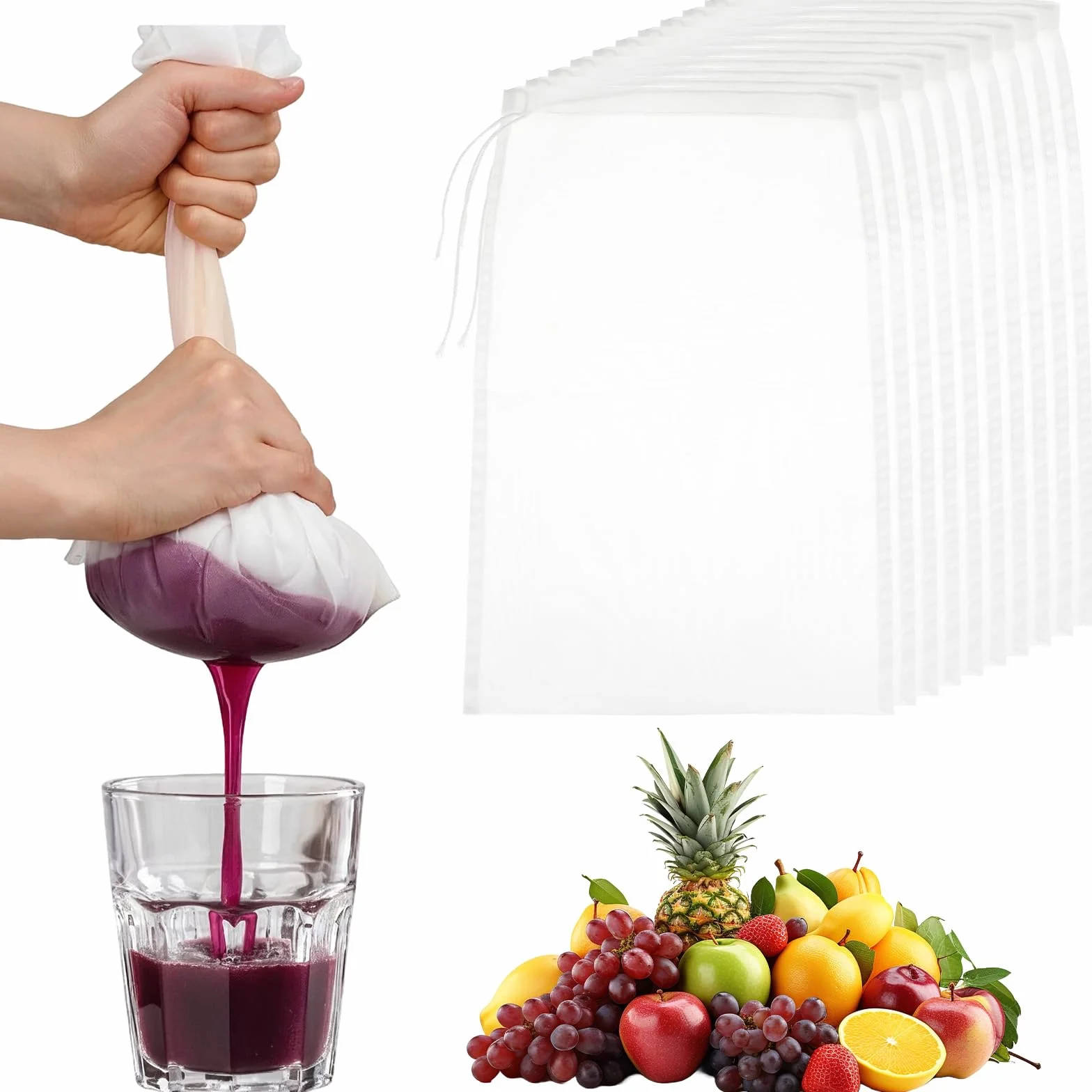 ElevateTech Worek na mleko orzechowe, wielokrotnego użytku, 30 x 20 cm, sitko do soków, drobnej siatki, nylonowe, do odcedzania, soku owocowego, sera, na zimno, do kawy, herbaty, jogurtu, 10 szt