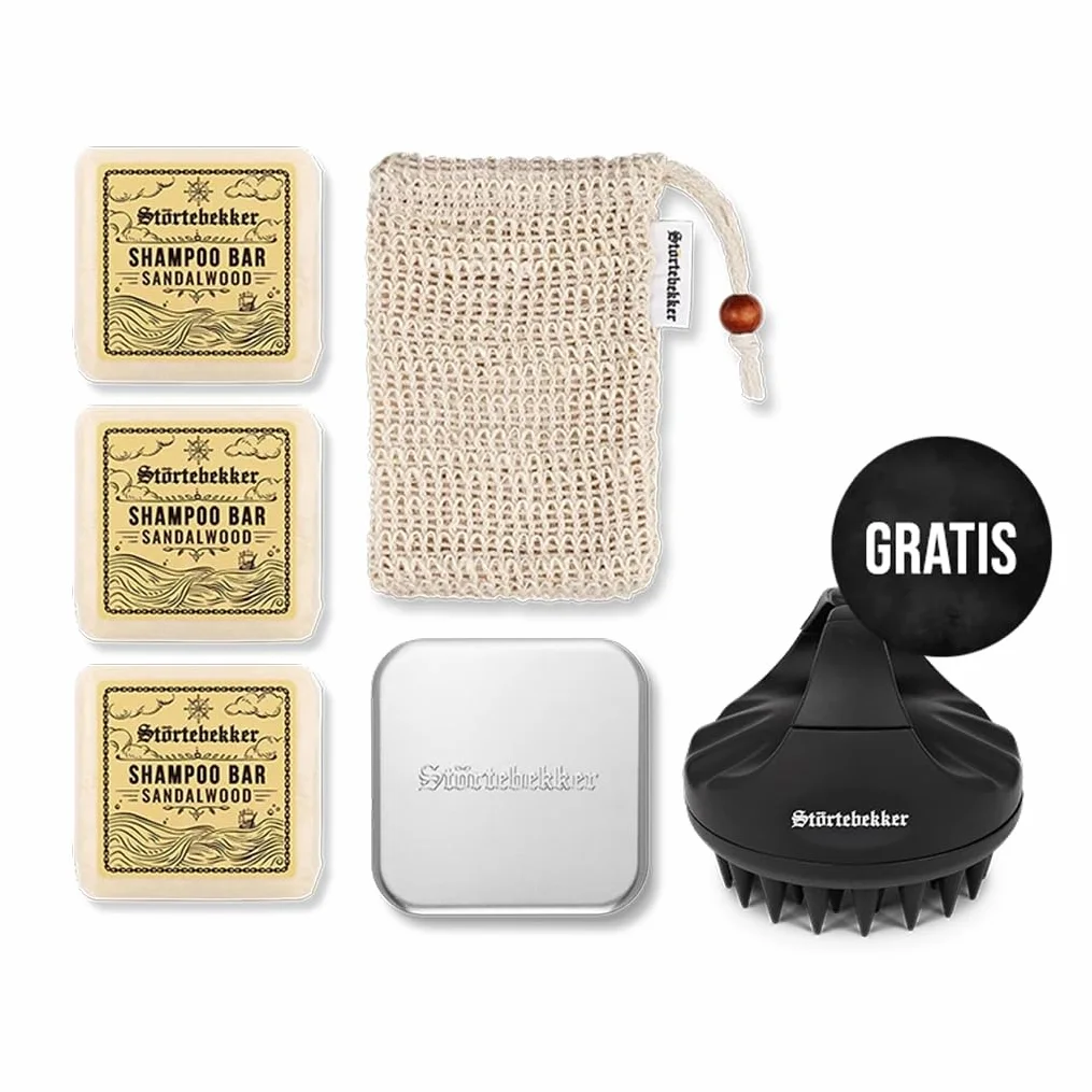 Störtebekker Zestaw prysznicowy klasy premium, mocny szampon z drewna sandałowego (x3), woreczek sizalowy, puszka z aluminium + gratis pędzel do skalp – zestaw szamponu do włosów i skóry głowy