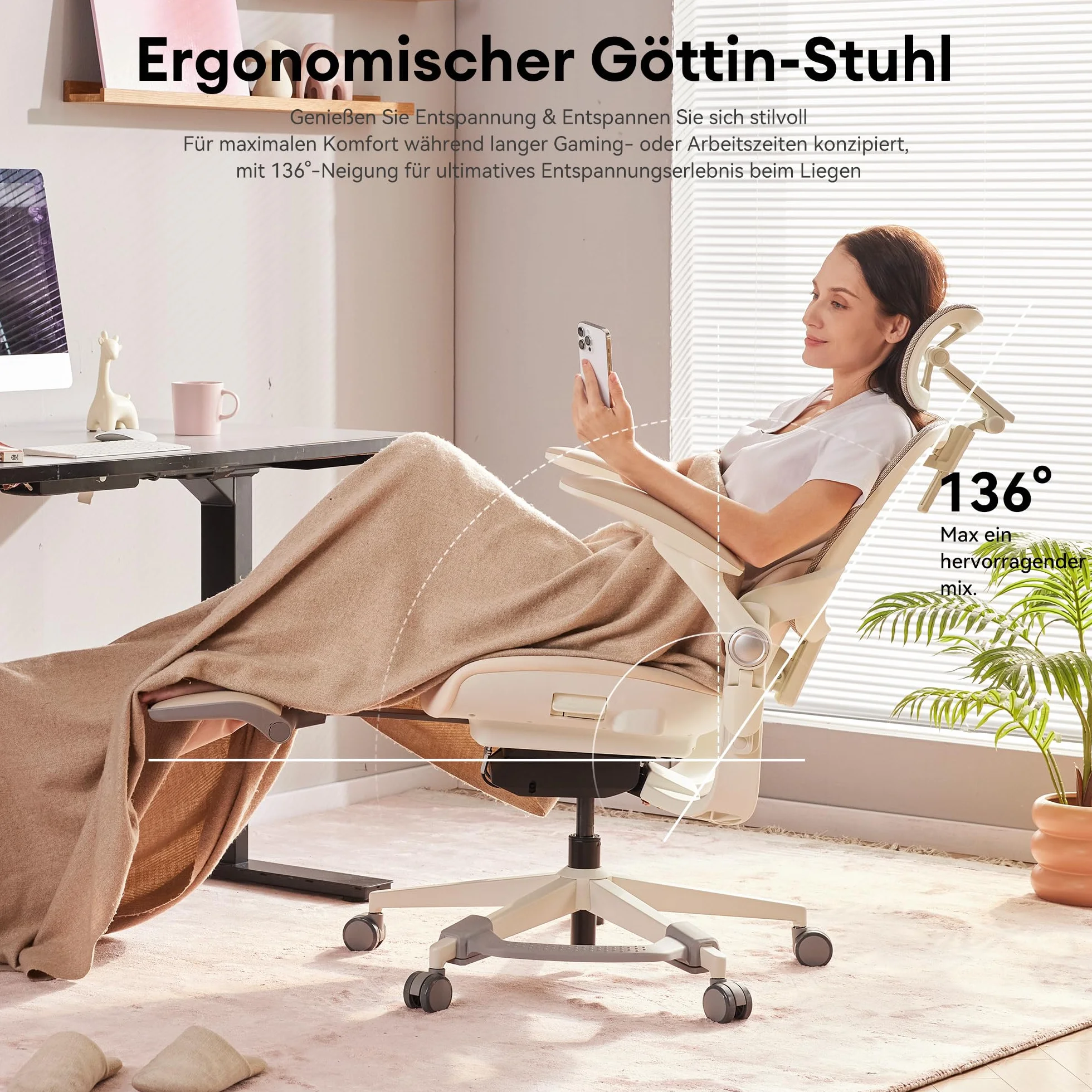 MUSSO E80 Muse FemmePosture™ Ergonomiczny fotel biurowy dla kobiet – nachylenie 135° i 3D podparcie lędźwiowe, 17 cm 4D podparcie głowy, wysuwana podpórka na nogi, regulacja głębokości i wysokości