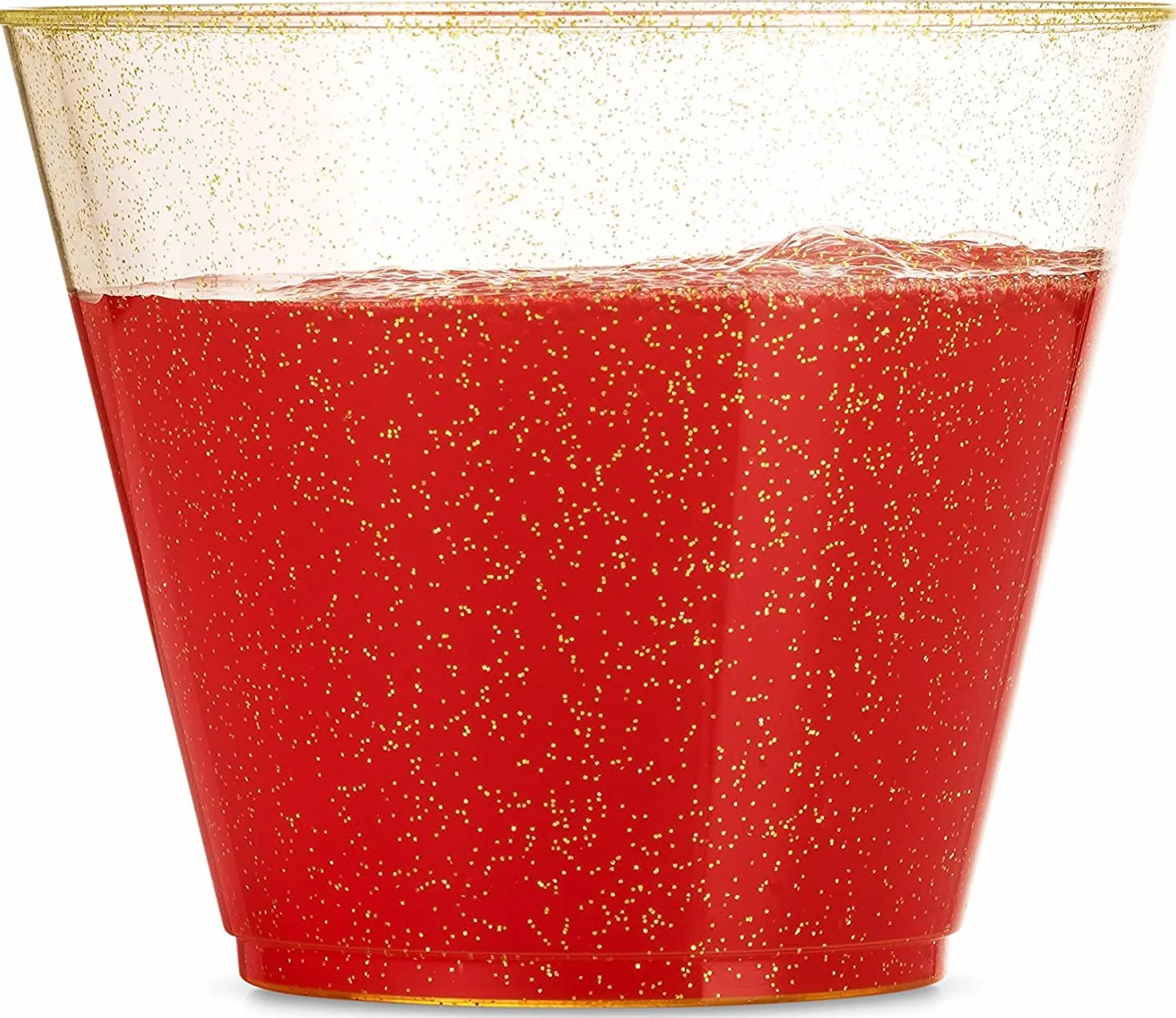 KAHEIGN Szklanki deserowe ze złotym brokatem, plastikowe kubki deserowe, 270 ml, okrągłe, przezroczyste, wielokrotnego użytku, do whisky, puddingu, pianki imprezowej (7 x 8,5 cm)