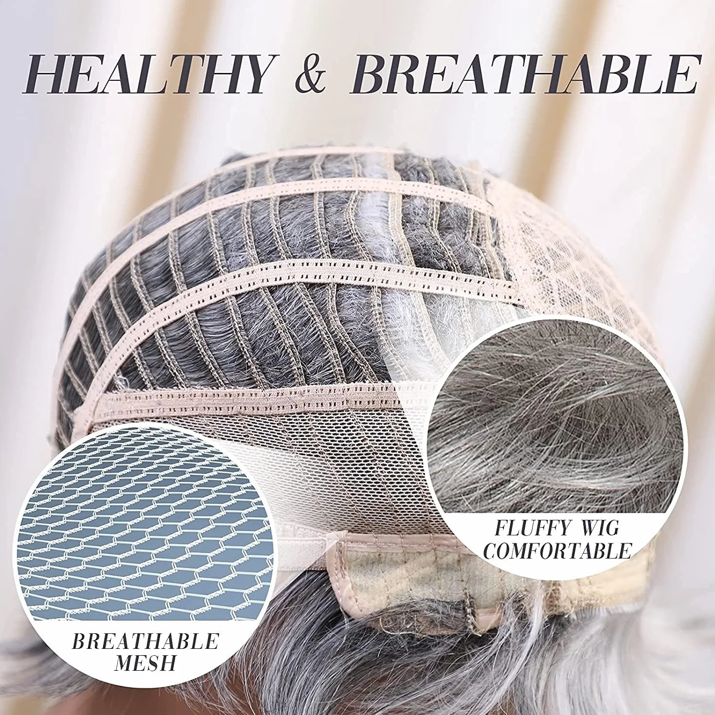 HAIRCUBE Peruka z naturalnych włosów, krótka, ombre, dla kobiet, odporna na wysokie temperatury, siwa do białego, do codziennego użytku