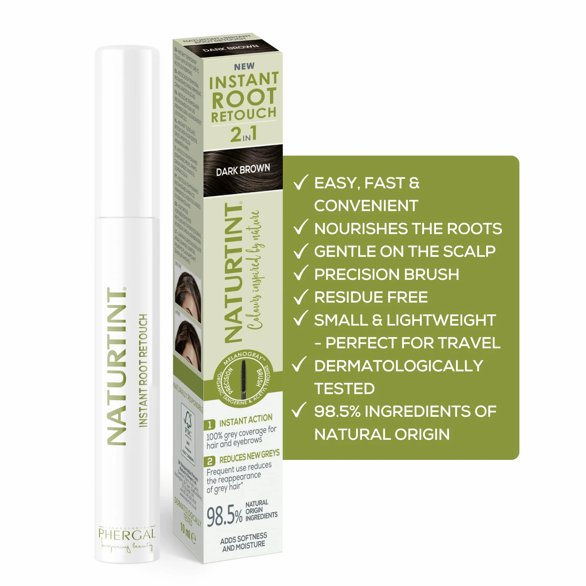 Naturtint Instant Root Retouch | tymczasowy środek do korekcji włosów siwych do korzeni i brwi | praktyczny i wygodny dzięki pędzelkowi | 98,5% naturalnych składników | ciemnobrązowy | 10 ml