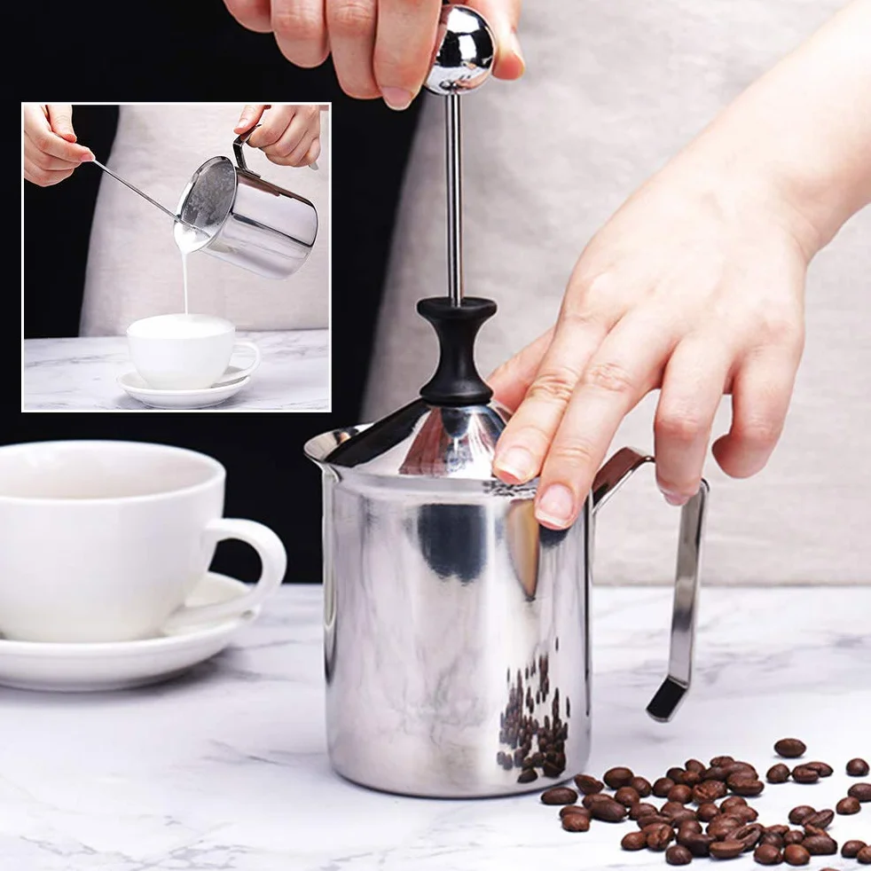 FOCCTS Spieniacz do mleka ze stali nierdzewnej, 500 ml, podwójna siatka, ręczny, srebrny, cappuccino