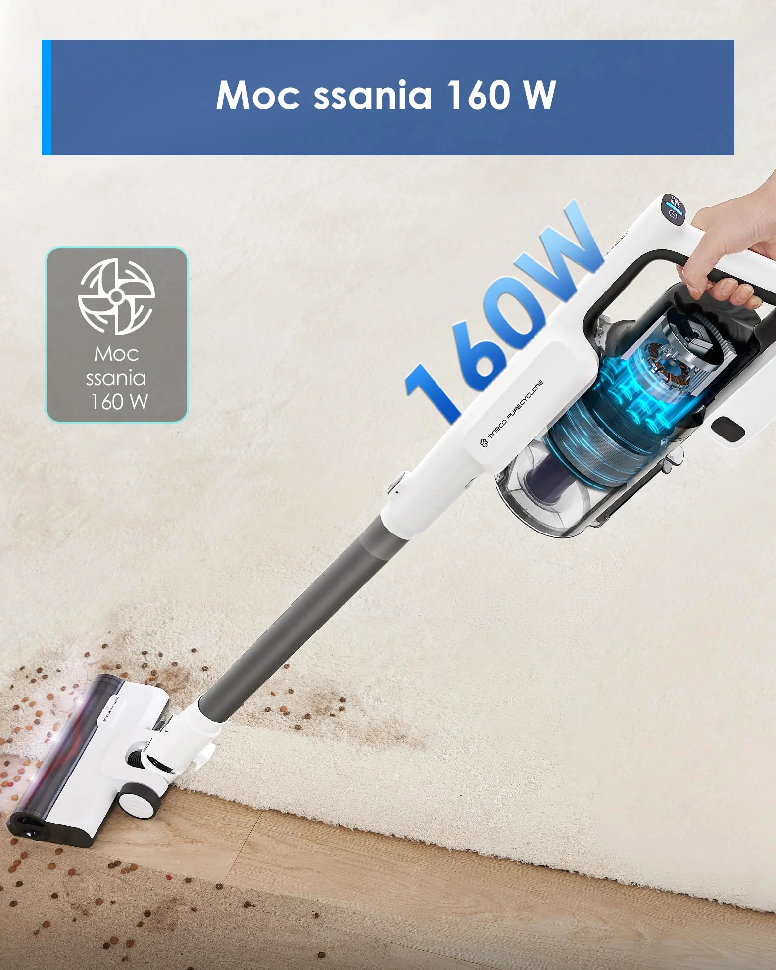 Tineco A30S draadloze steelstofzuiger, 160 W zuigkracht, 60 minuten looptijd, 1 liter grotere vuilnisbak, ZeroTangle-borstel, Tineco PureCyclone Tech, LED-koplamp