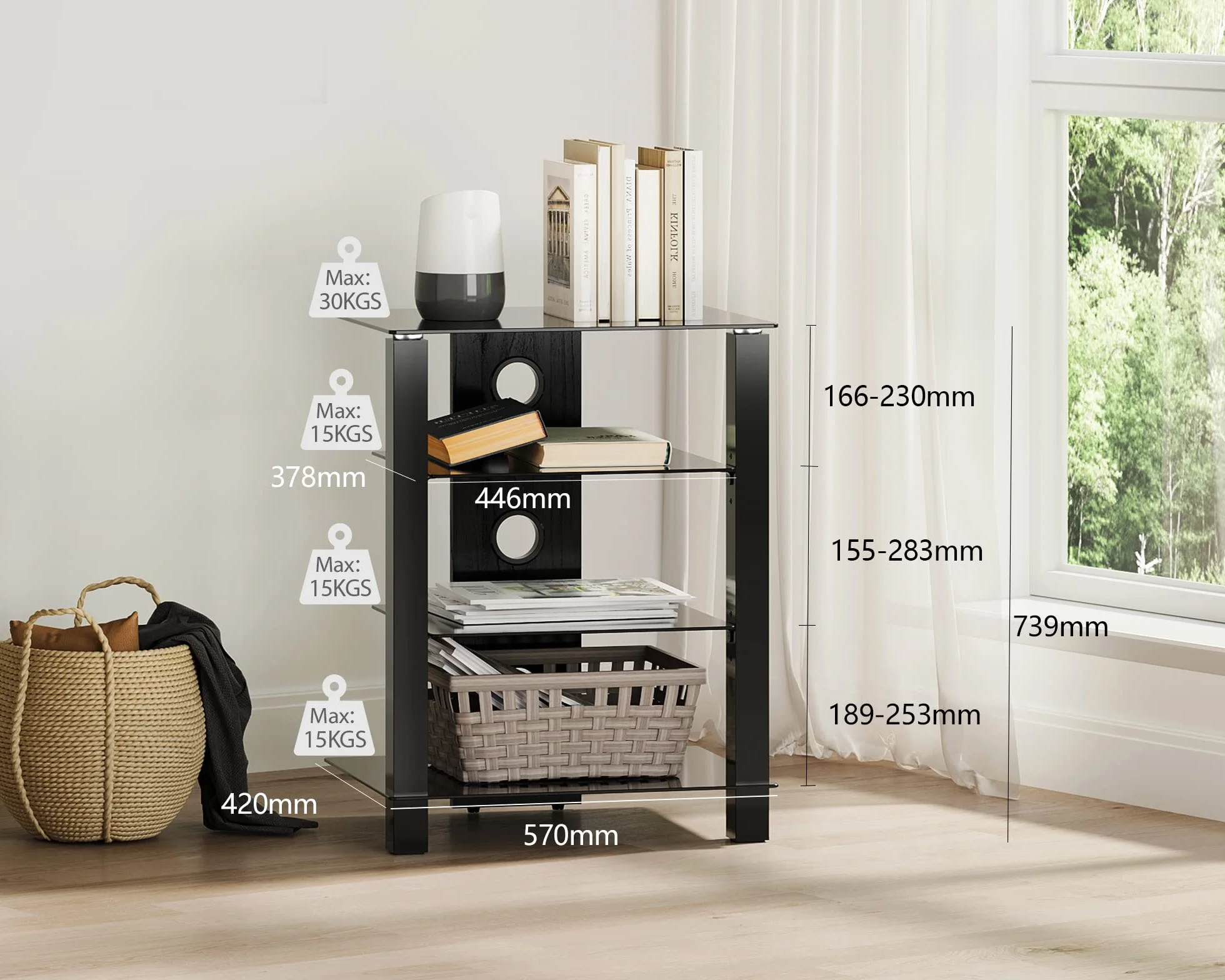 FITUEYES Szklany stojak HIFI, stojak TV, HIFI Rack szafka 4 poziomy z zarządzania kablami, czarny