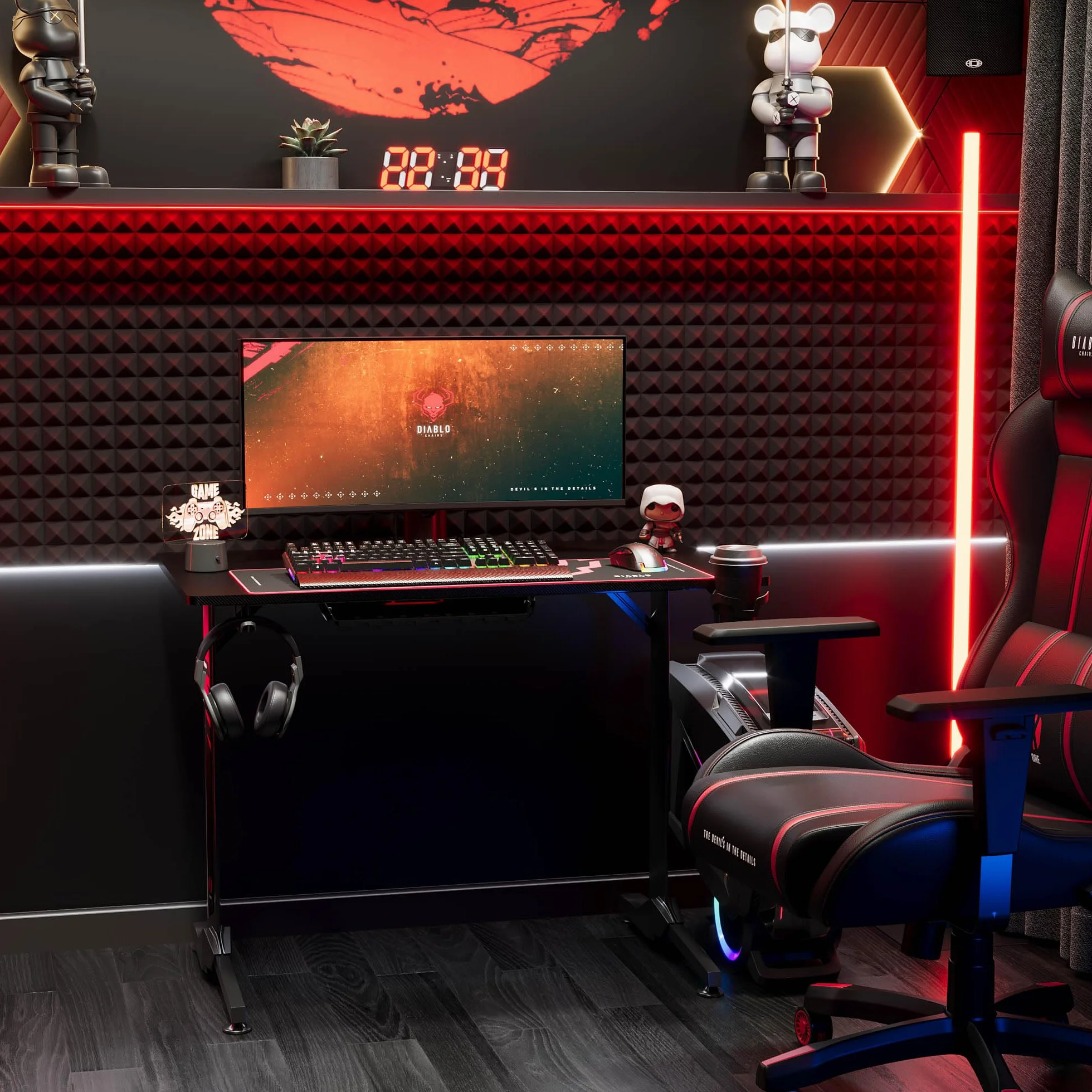 Diablo X-Mate Biurko Gamingowe Komputerowe Dla Gracza Podkładka Uchwyt Na Kubek i Słuchawki Otwory Na Przewody (100 x 75 x 60 cm)