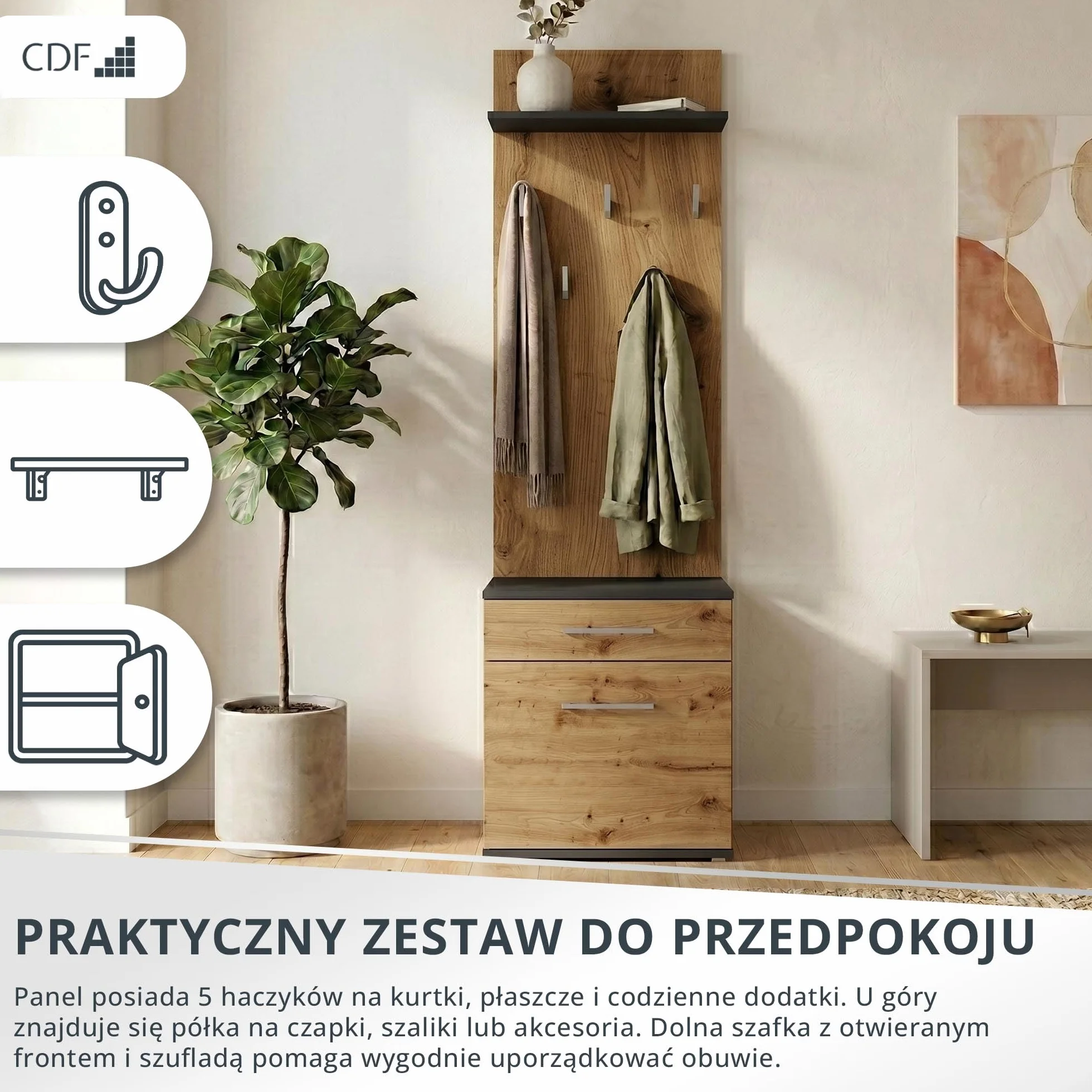 CDF Wieszak na ubranie Duo antracyt dąb Artisan szafka z szufladą na małe przedmioty i buty