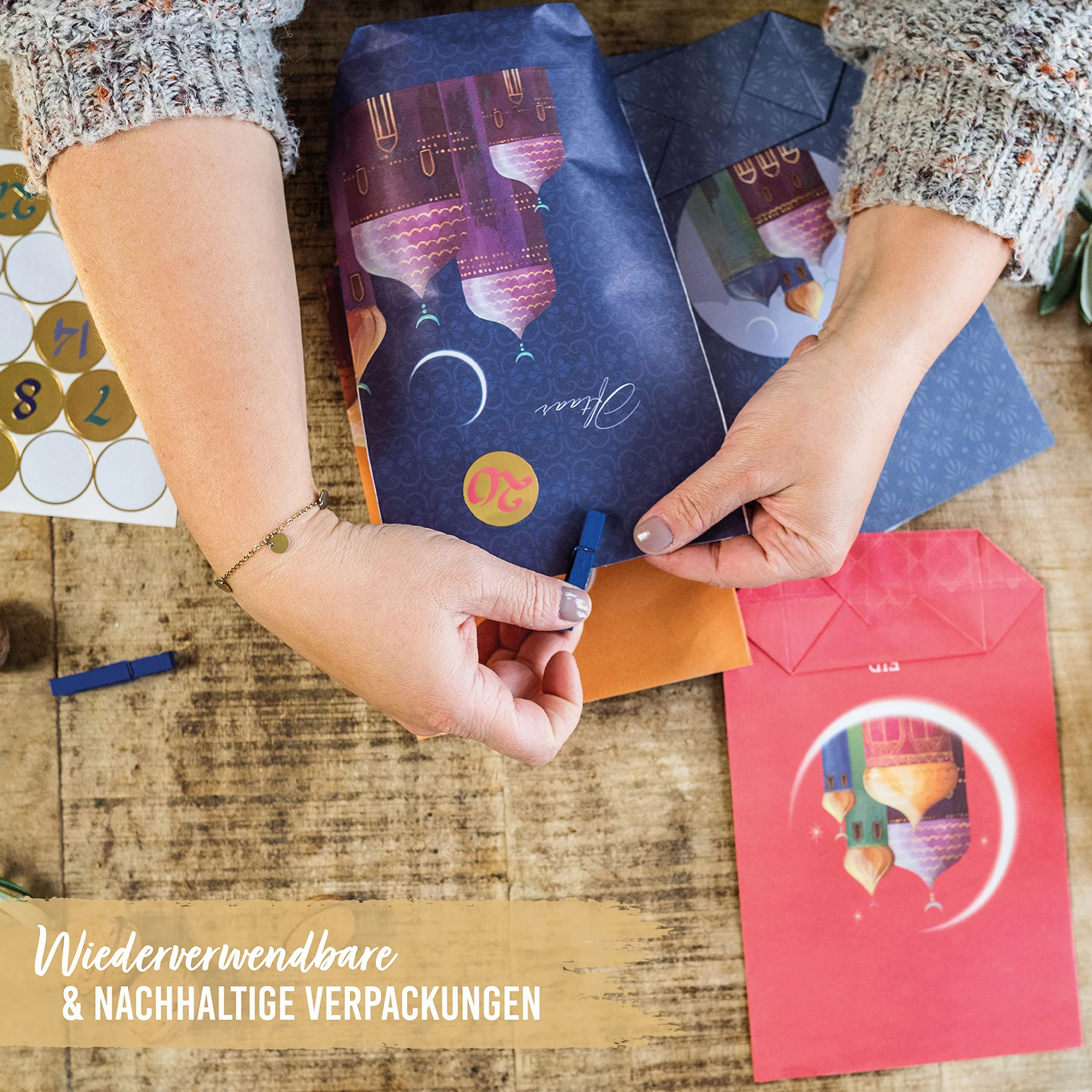 Papierdrachen DIY Kalendarz Ramadan do wypełnienia dla dzieci i dorosłych Zestaw 7 kolorowych toreb papierowych Kraft z nadrukiem